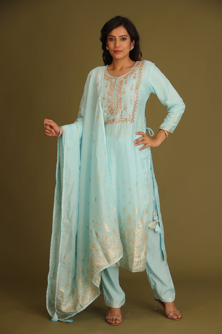Handloom Chanderi Suit Embroidered with Gota Patti work.