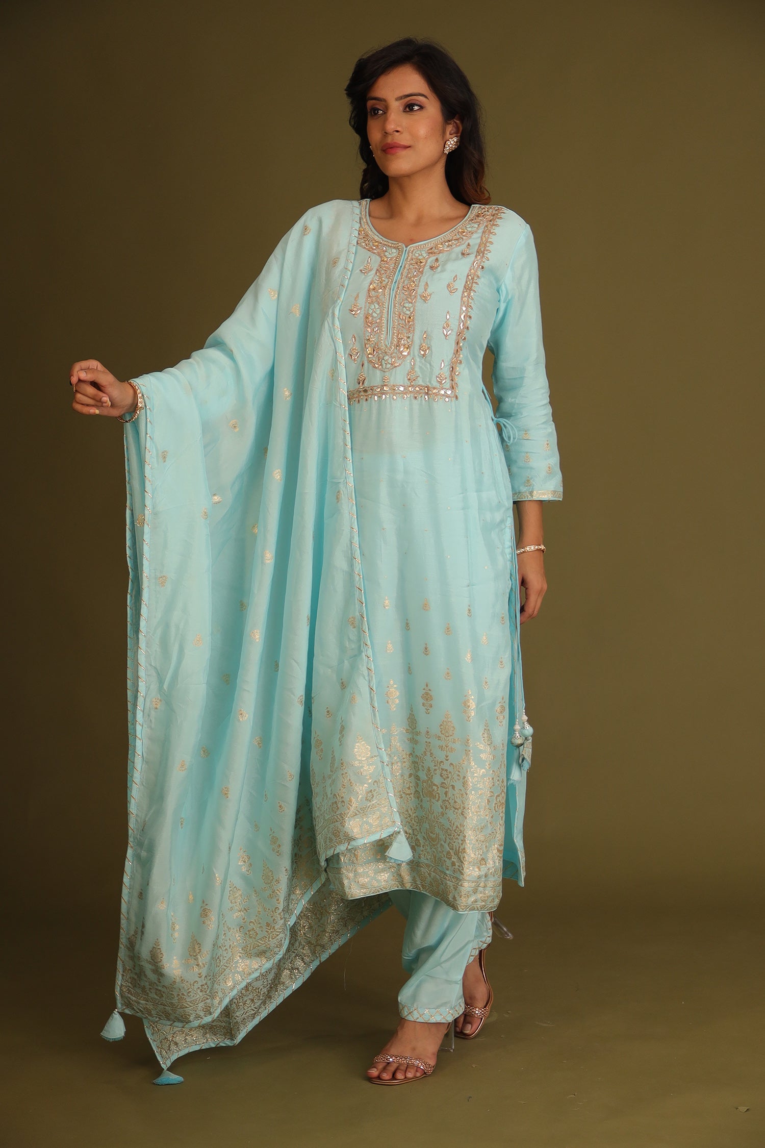 Handloom Chanderi Suit Embroidered with Gota Patti work.