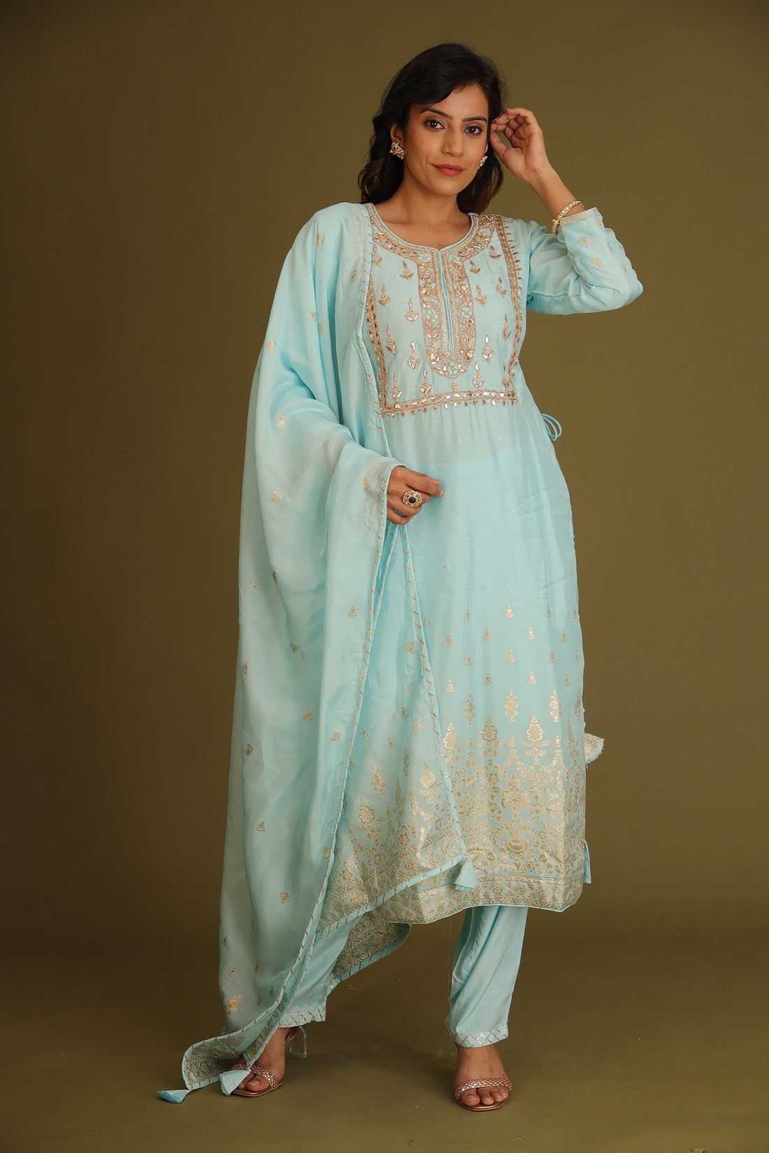 Handloom Chanderi Suit Embroidered with Gota Patti work.