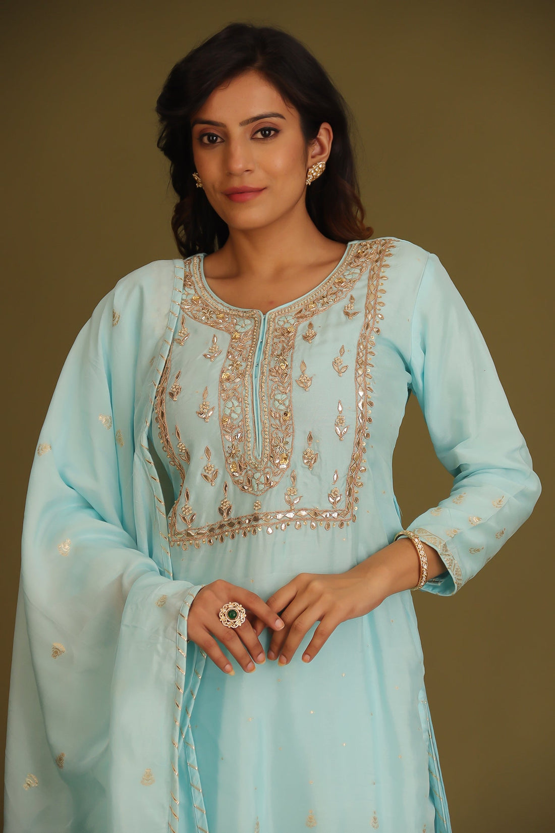 Handloom Chanderi Suit Embroidered with Gota Patti work.