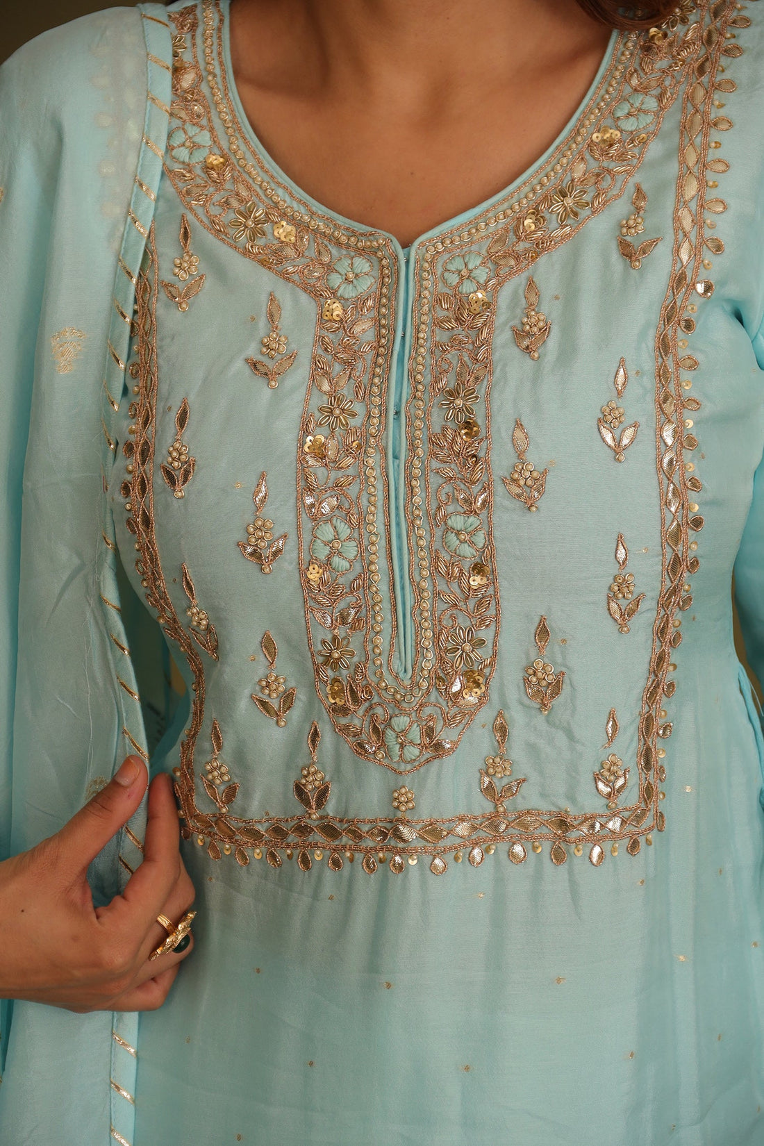 Handloom Chanderi Suit Embroidered with Gota Patti work.