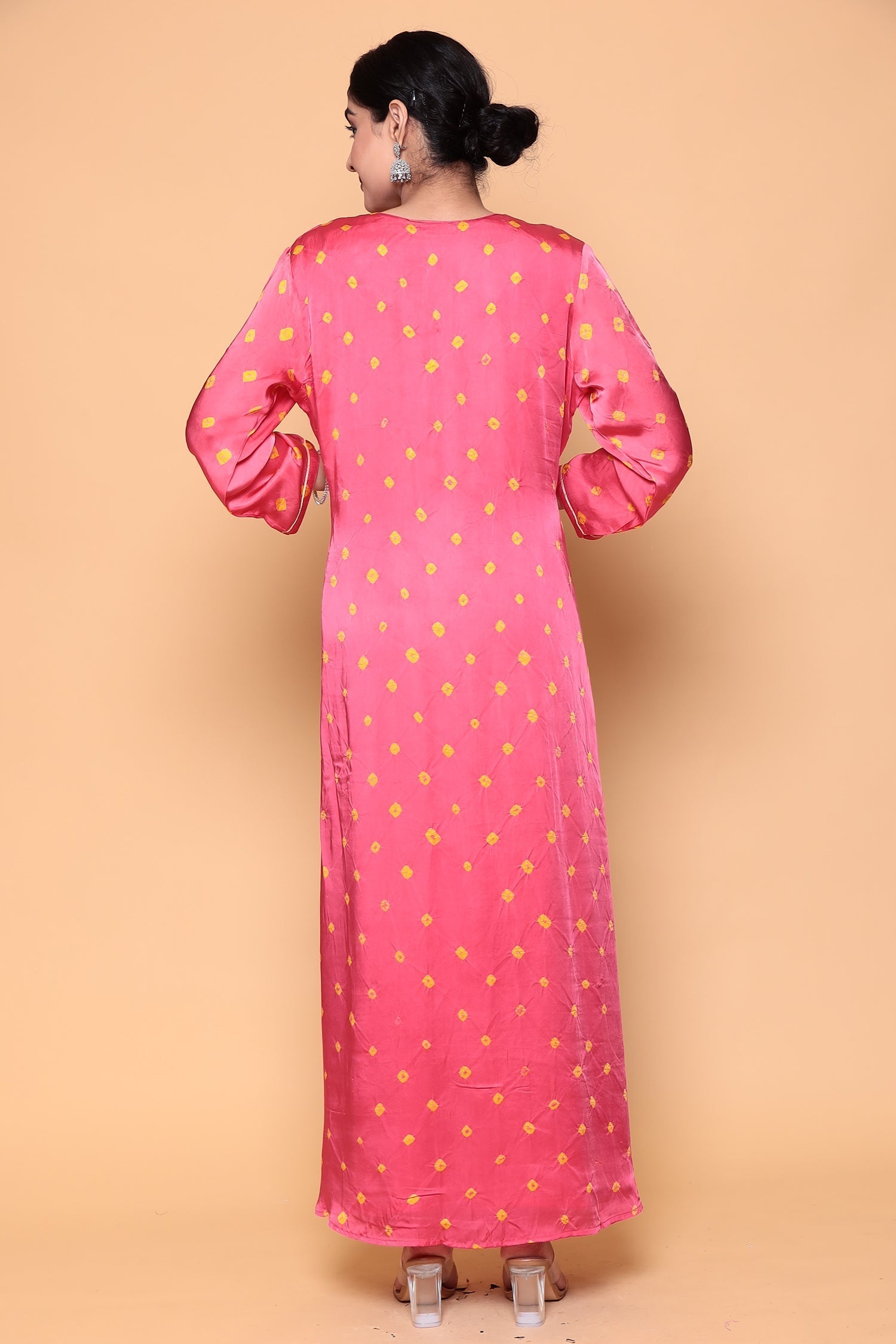 Asymmetric Bandhej Silk Suit with Gota work.
