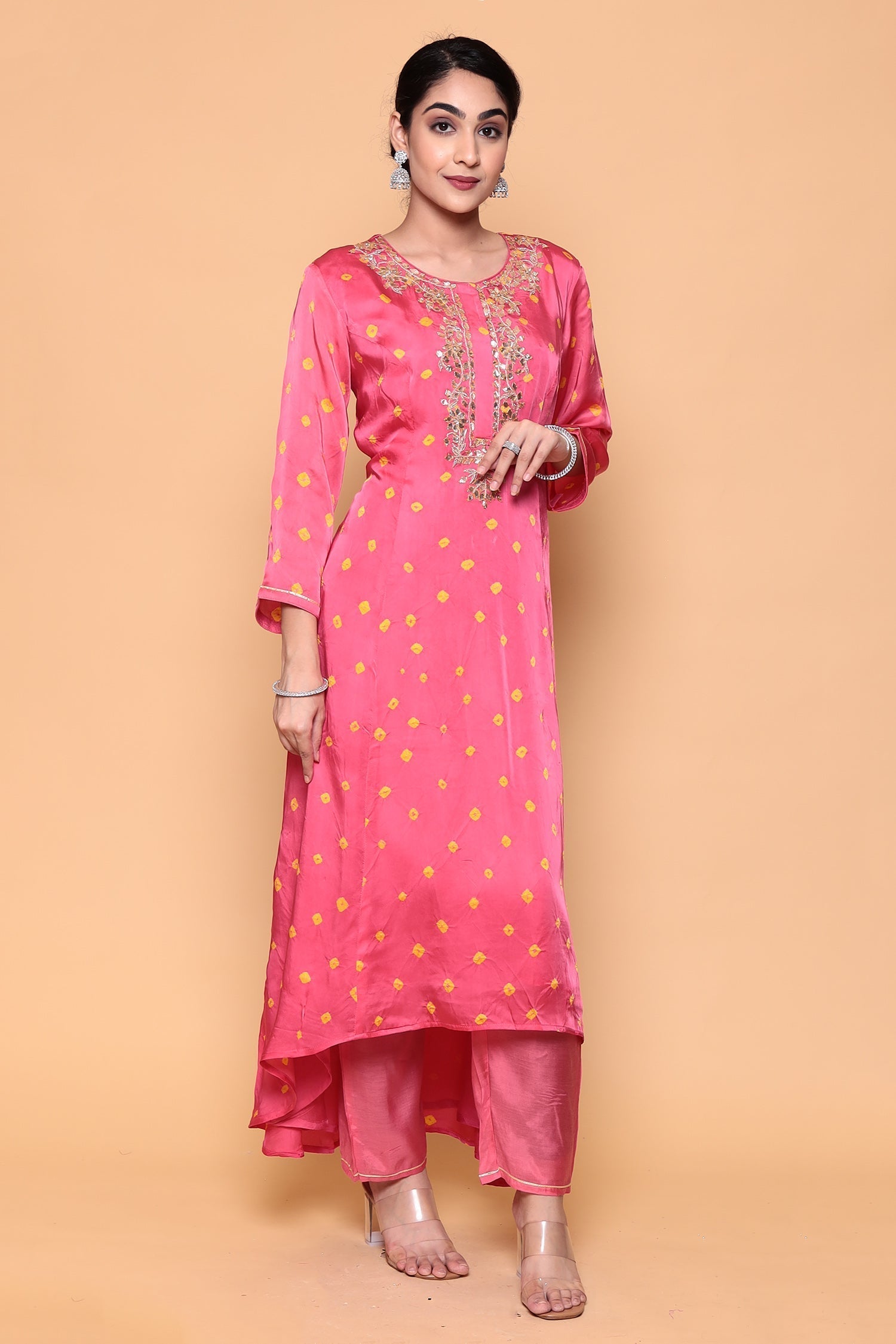 Asymmetric Bandhej Silk Suit with Gota work.