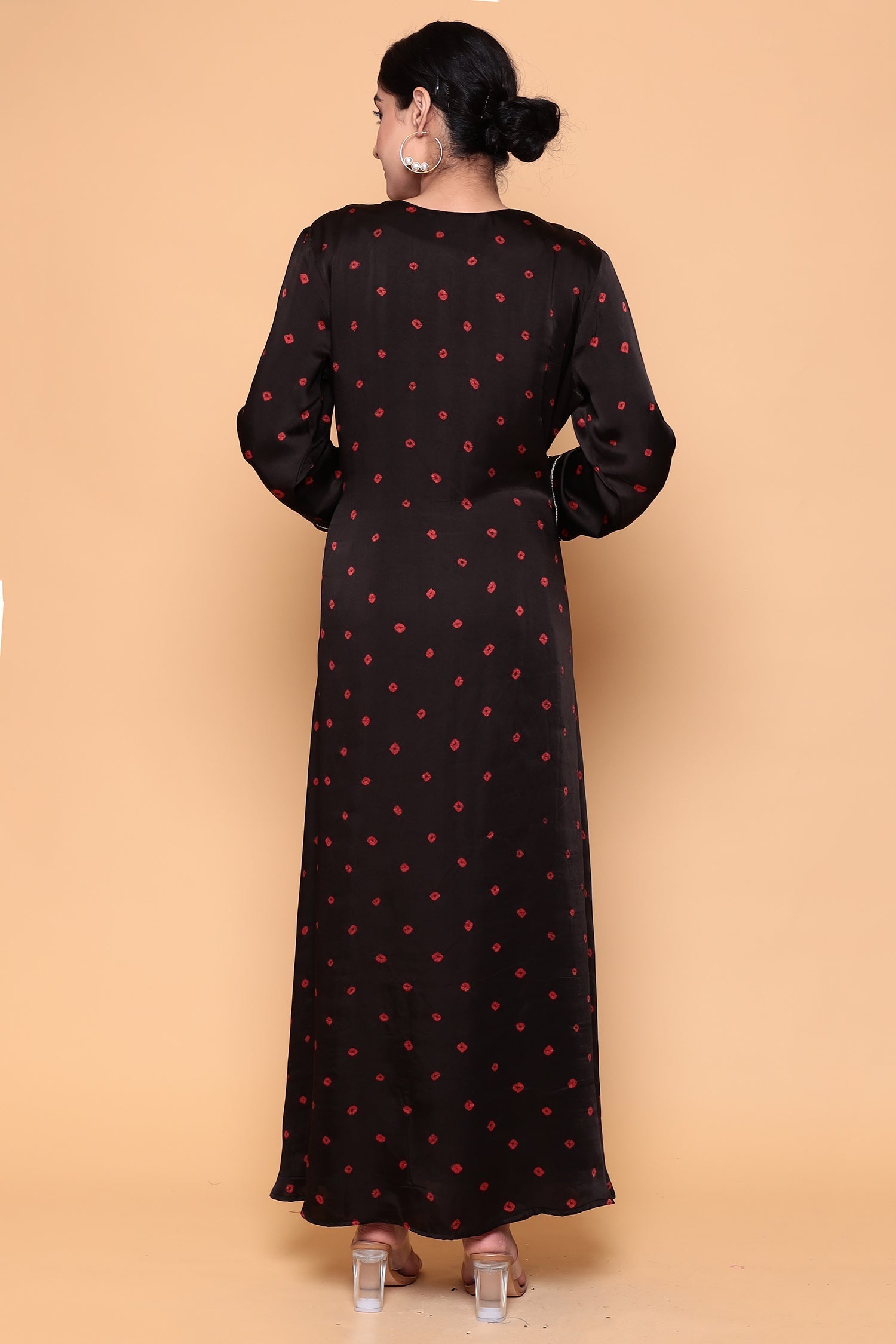 Asymmetric Bandhej Silk Suit with Gota work.