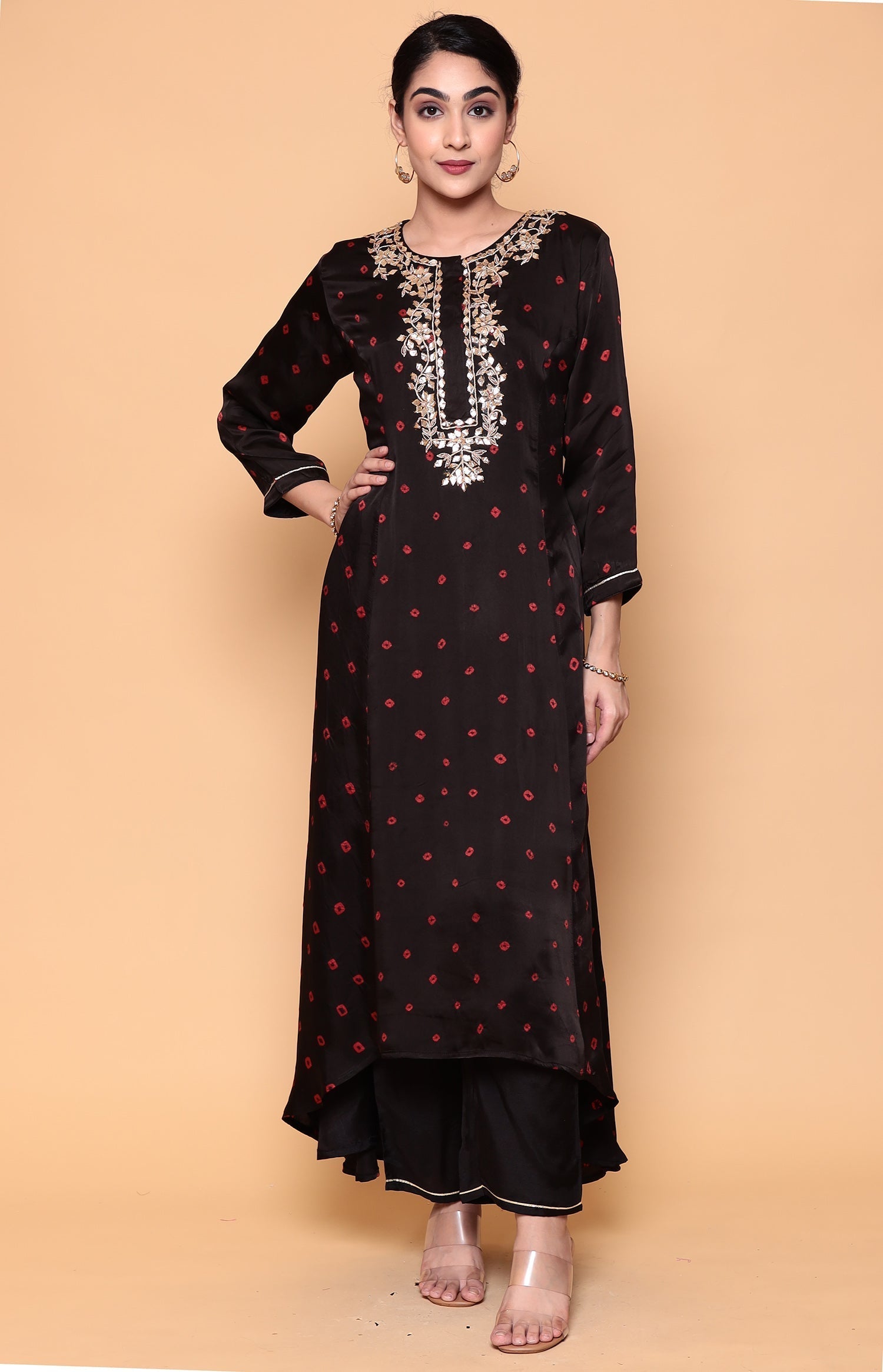 Asymmetric Bandhej Silk Suit with Gota work.