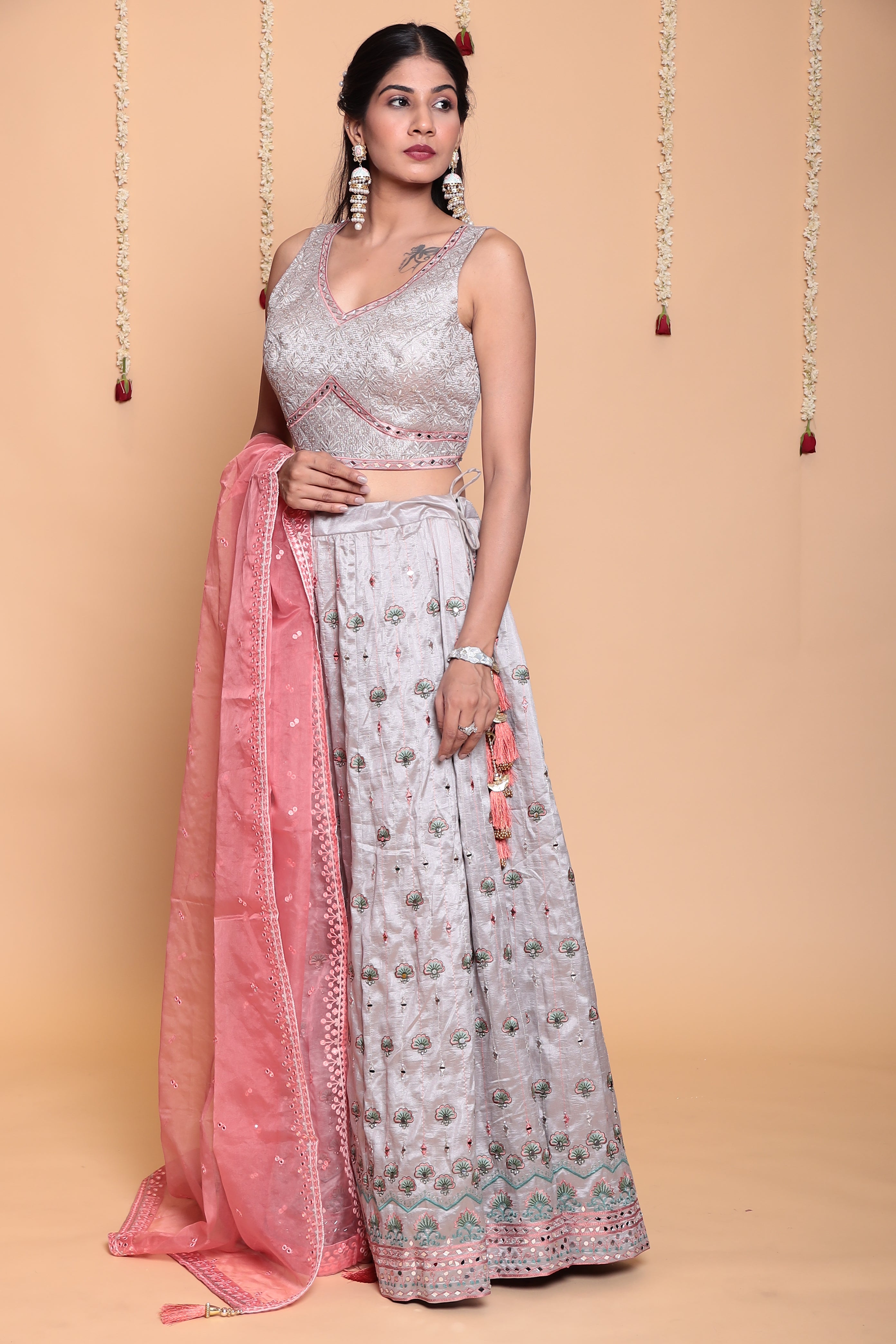 Silk Lehenga with Mirror, Thread work.