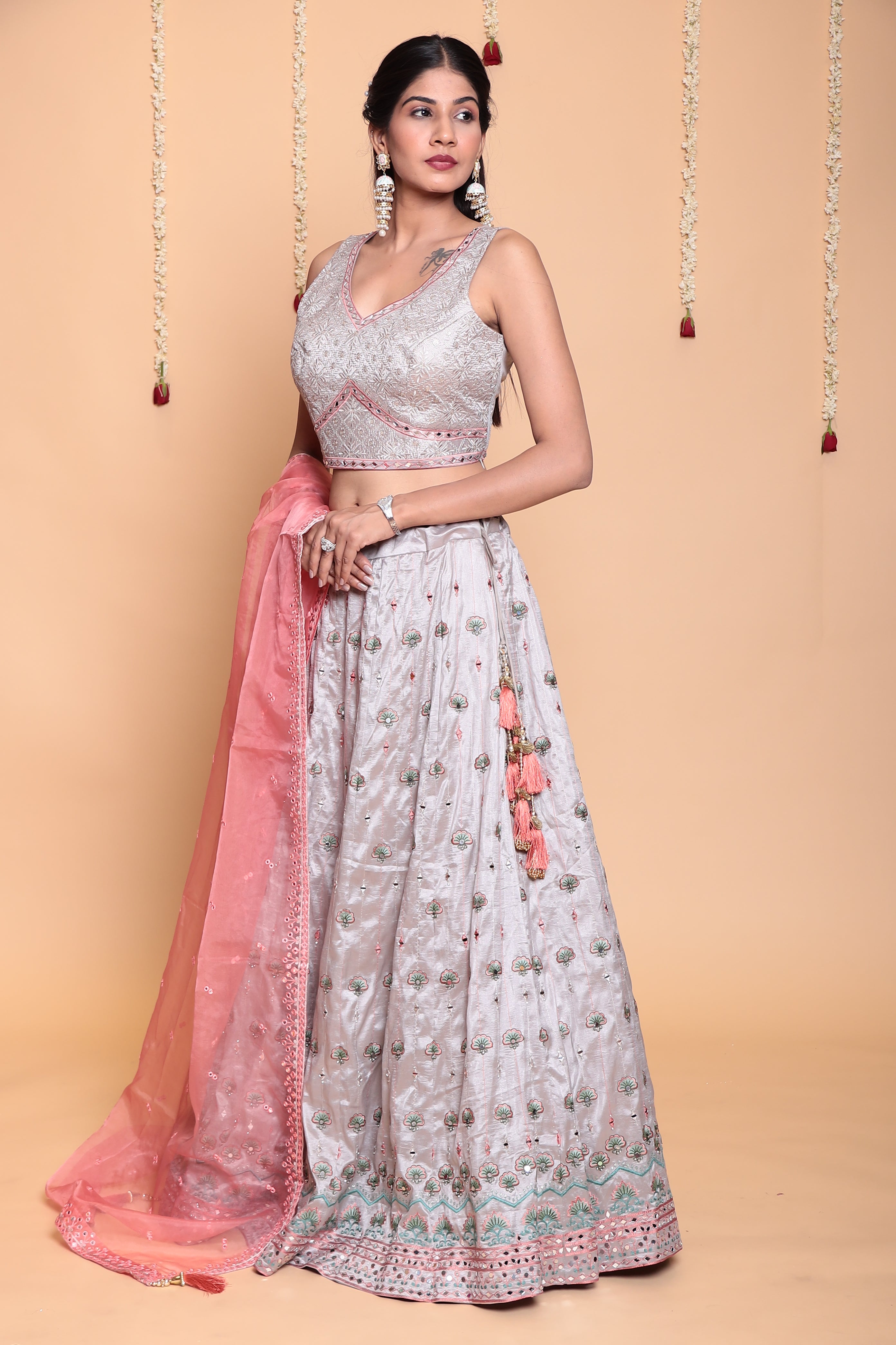 Silk Lehenga with Mirror, Thread work.