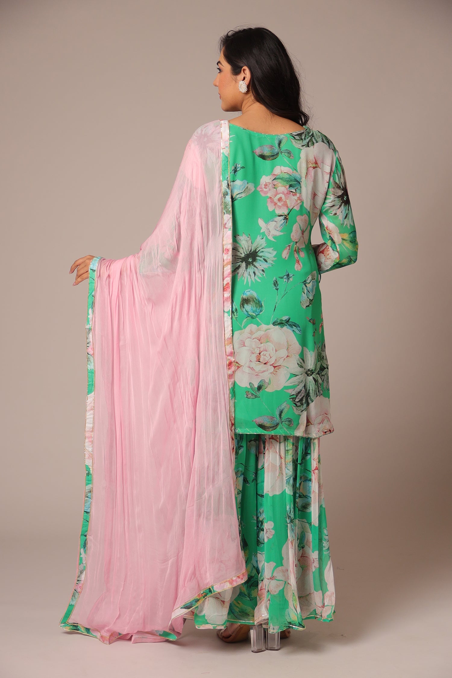 Printed Georgette Sharara Suit with Zardozi work.