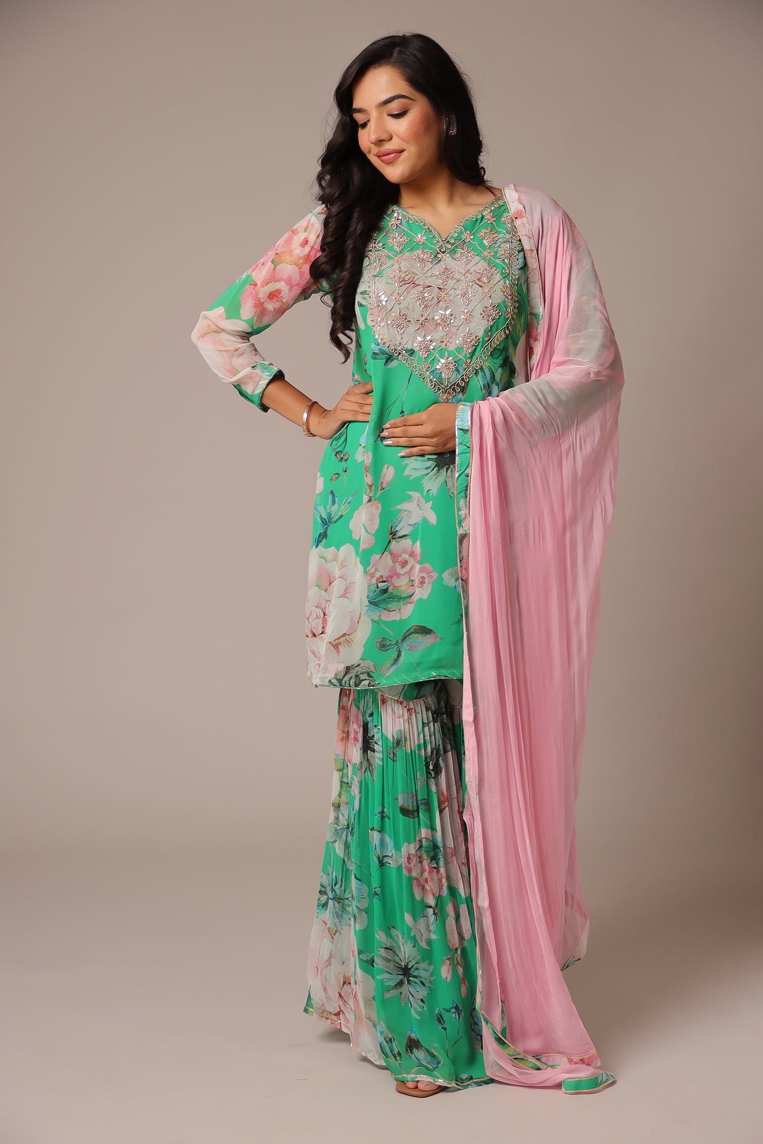 Printed Georgette Sharara Suit with Zardozi work.