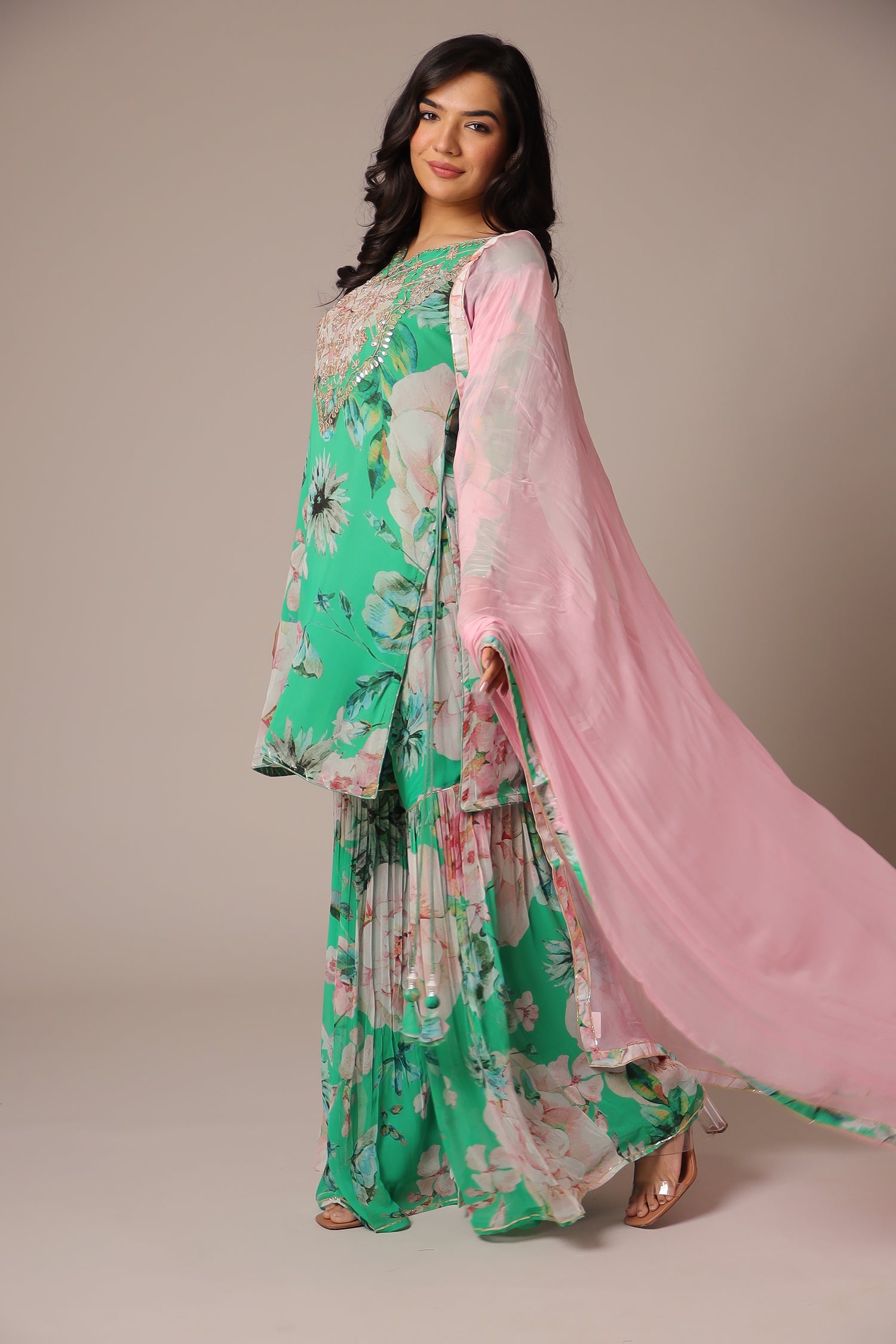 Printed Georgette Sharara Suit with Zardozi work.