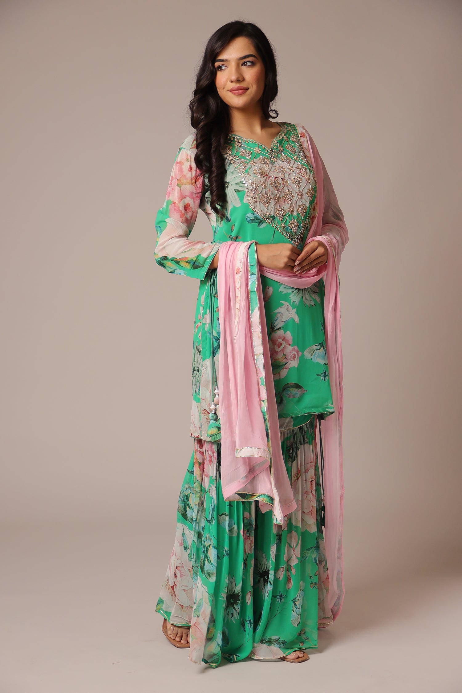 Printed Georgette Sharara Suit with Zardozi work.