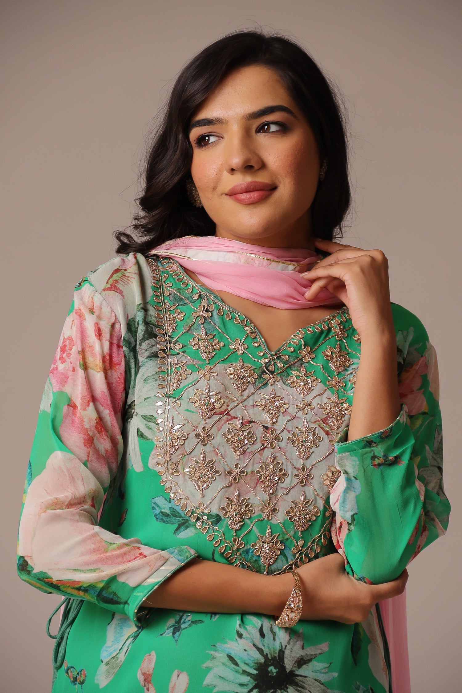 Printed Georgette Sharara Suit with Zardozi work.