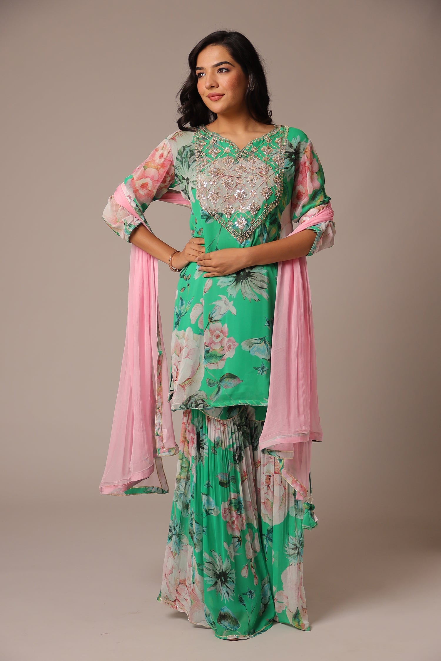 Printed Georgette Sharara Suit with Zardozi work.