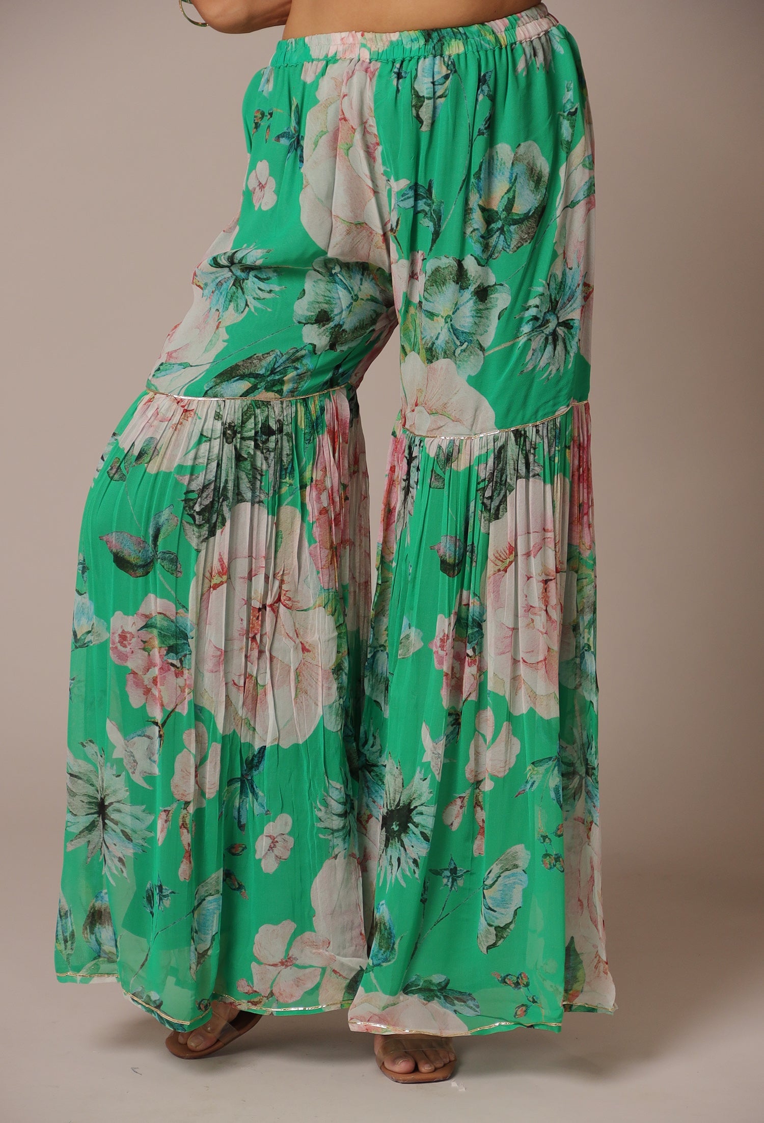 Printed Georgette Sharara Suit with Zardozi work.