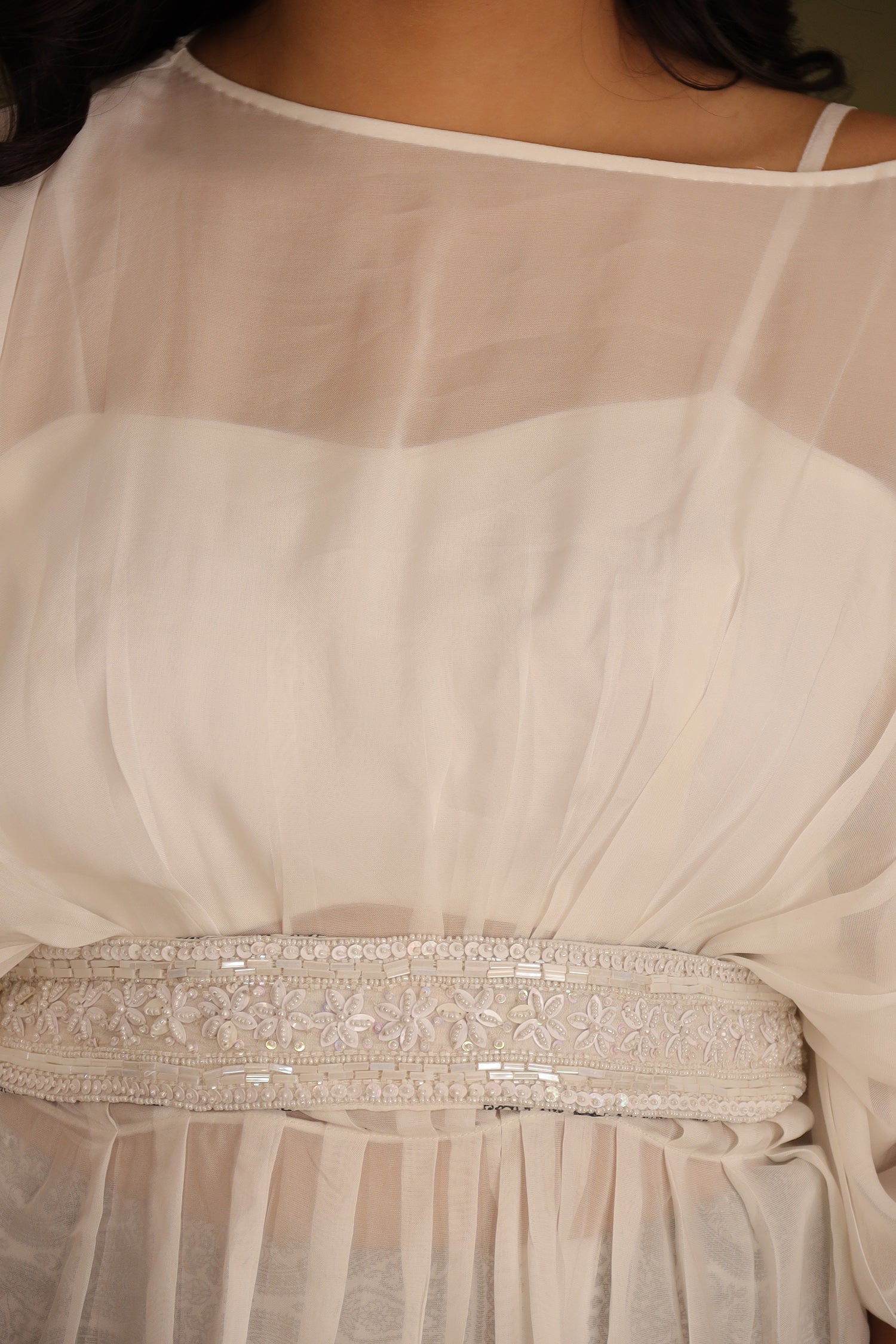 Printed Chiffon Indowestern with Embroidered Pearl work Belt