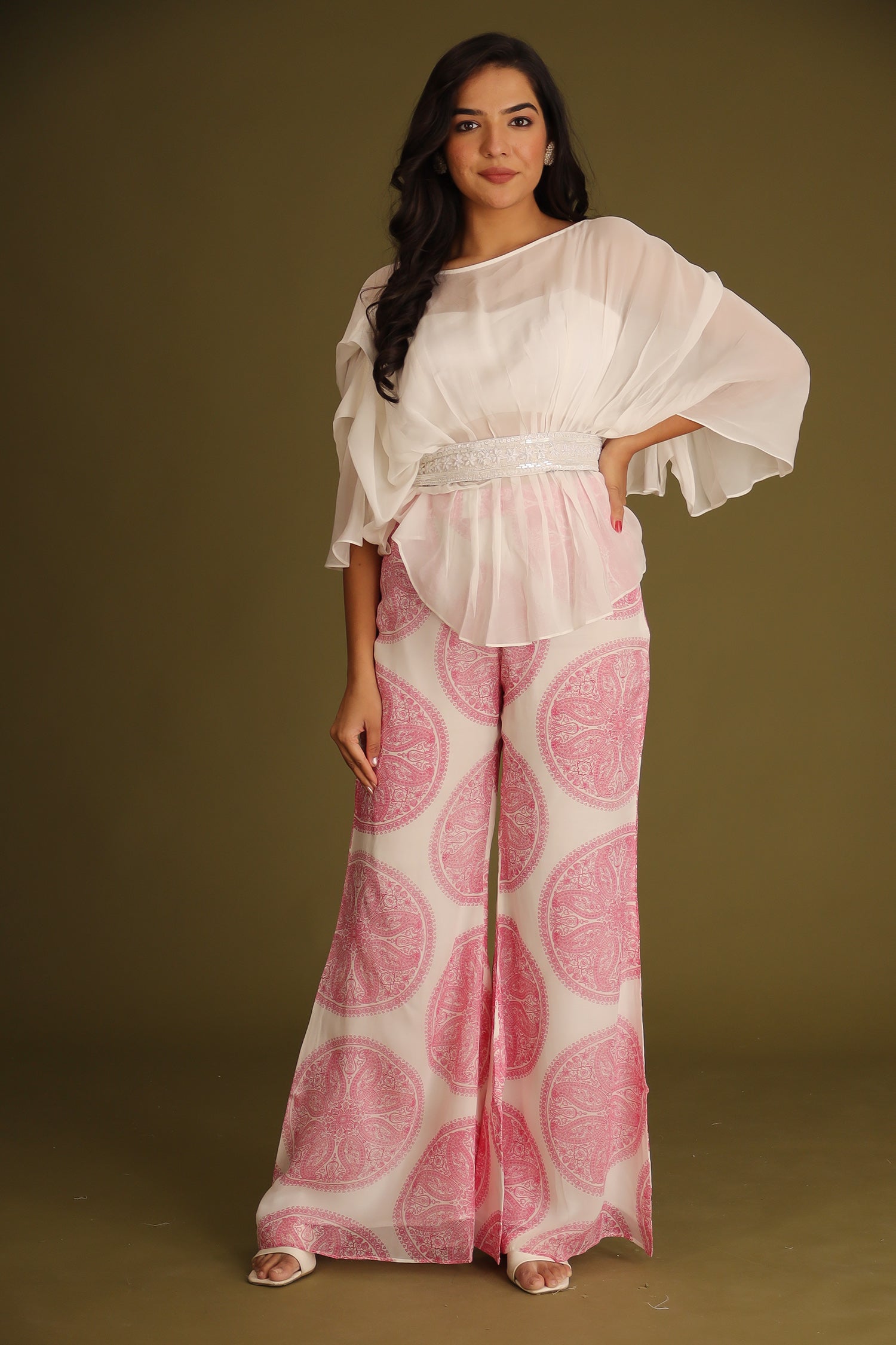 Printed Chiffon Indowestern with Embroidered Pearl work Belt
