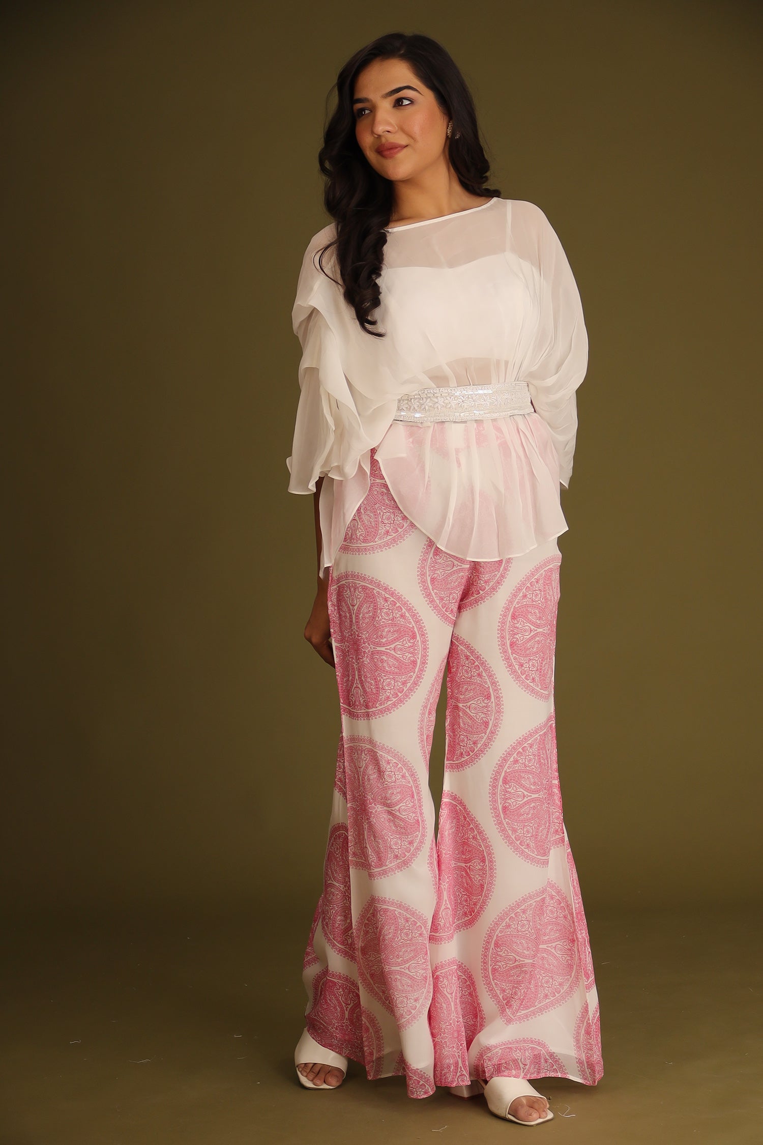 Printed Chiffon Indowestern with Embroidered Pearl work Belt