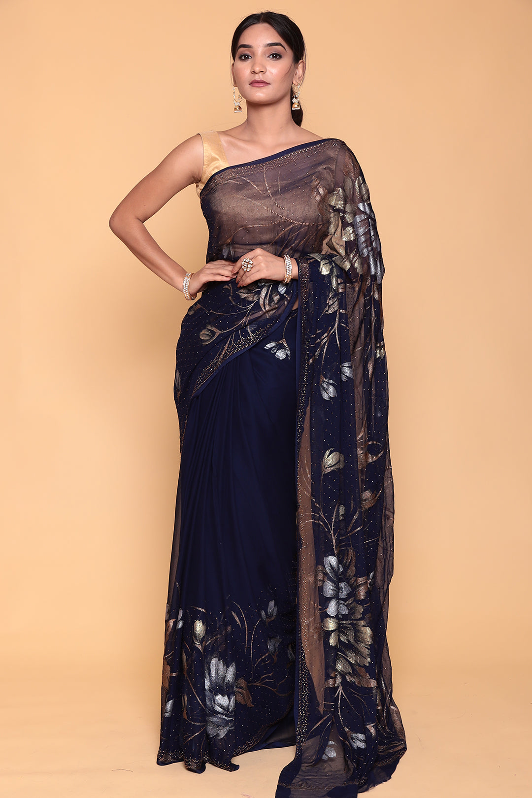 Foil print Chiffon Saree with Swarovski work.