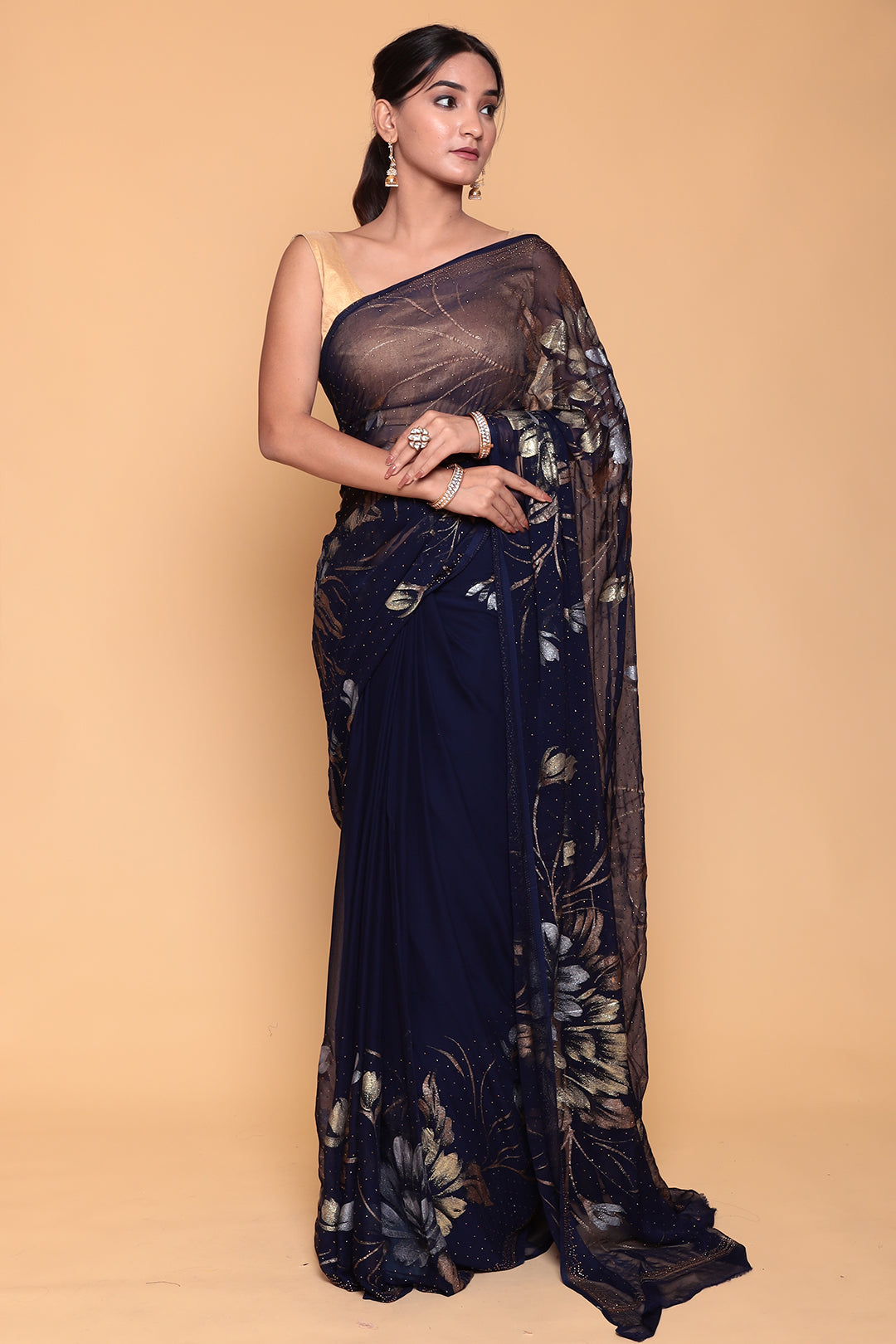 Foil print Chiffon Saree with Swarovski work.