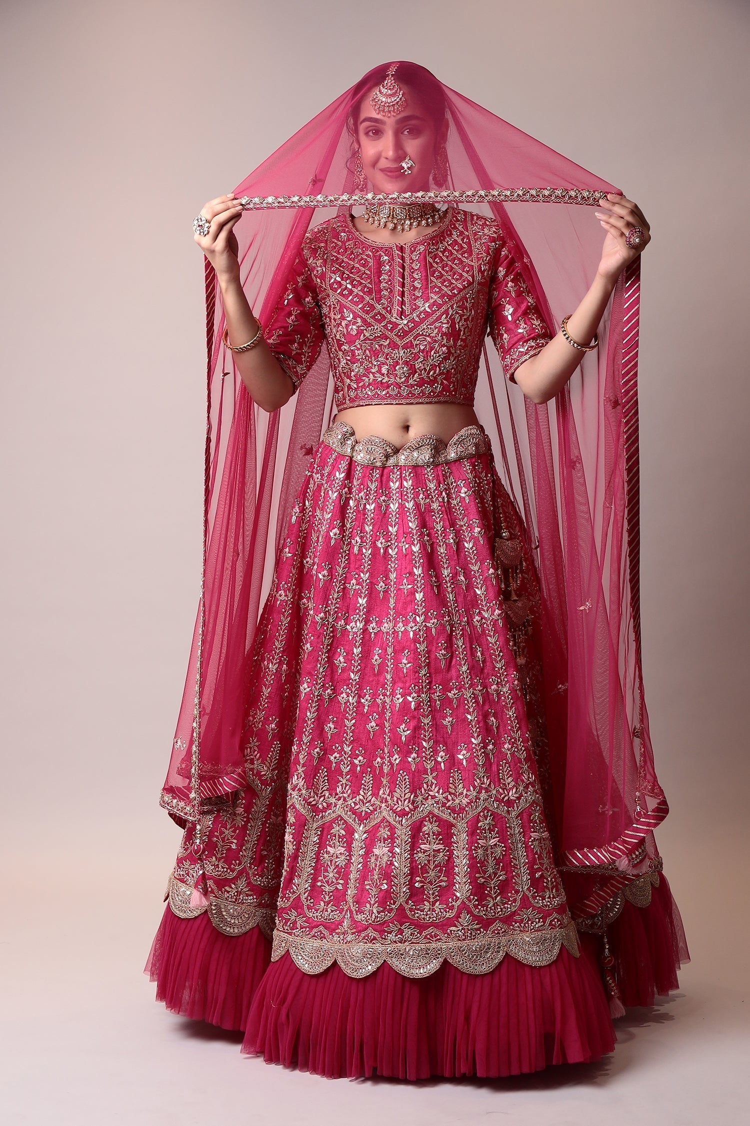 Raw silk frill soft net Lehenga with Gota Patti, Thread work.