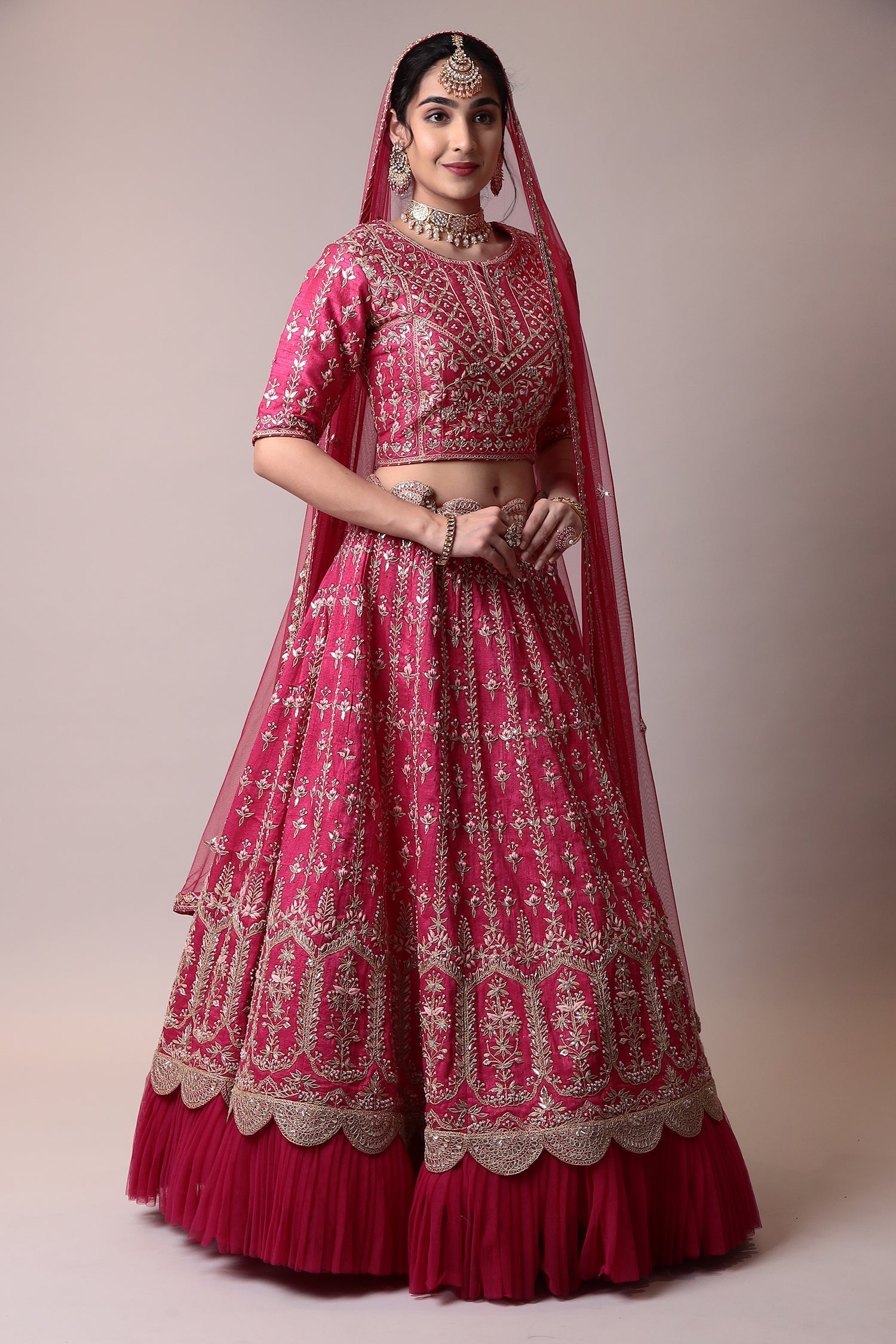 Raw silk frill soft net Lehenga with Gota Patti, Thread work.