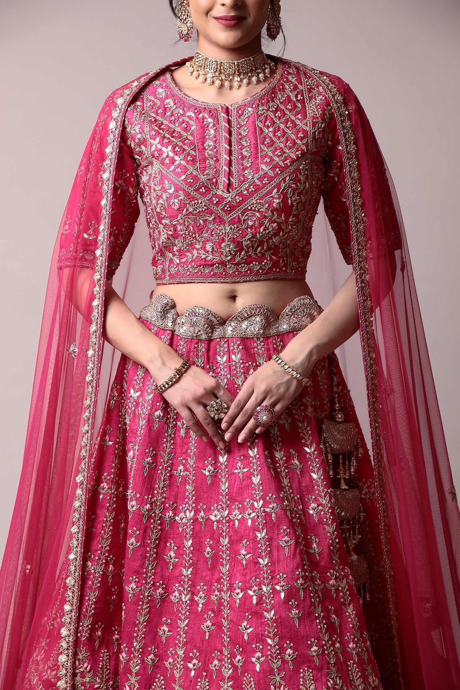 Raw silk frill soft net Lehenga with Gota Patti, Thread work.