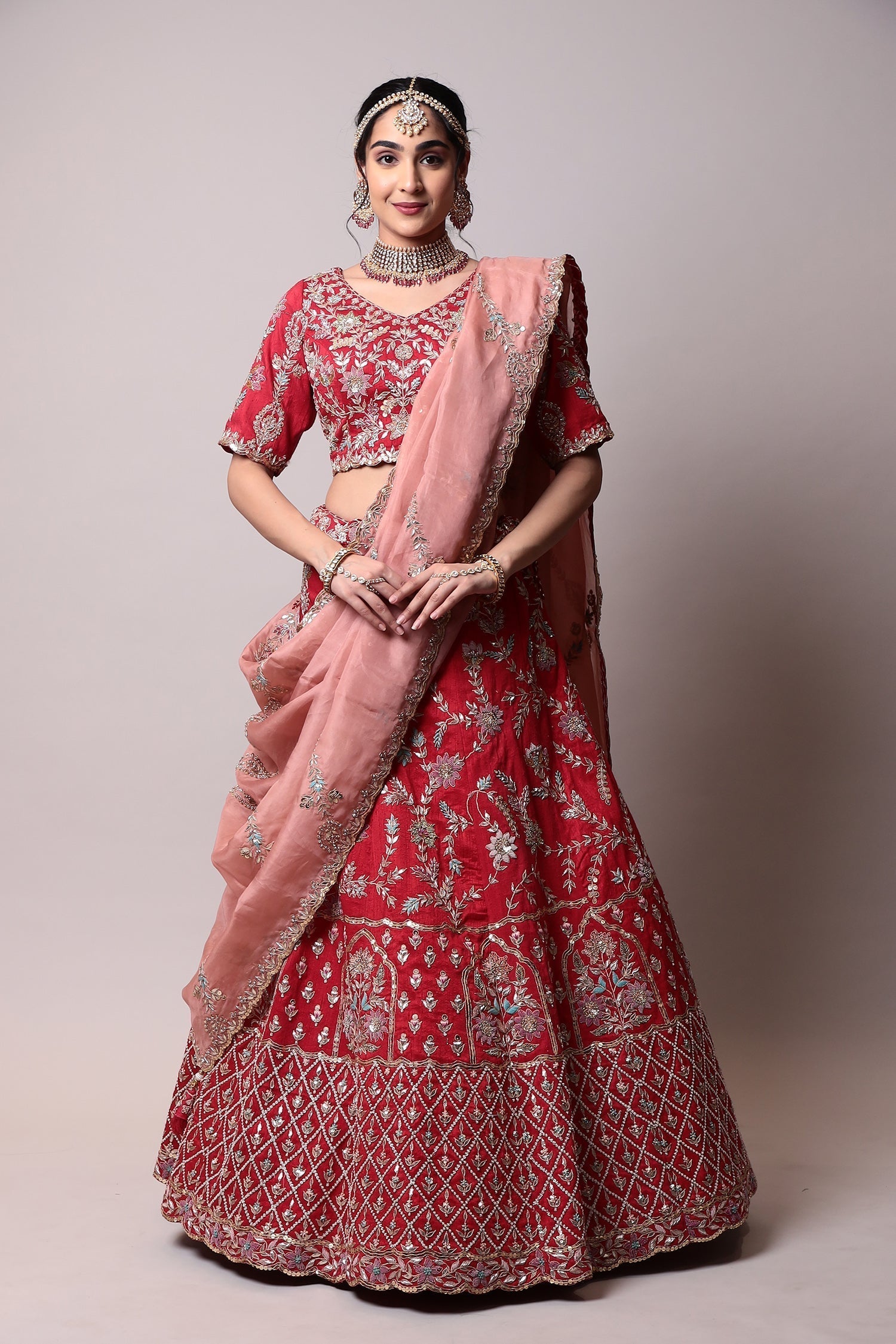 Raw silk lehenga with Thread, Zardozi work.