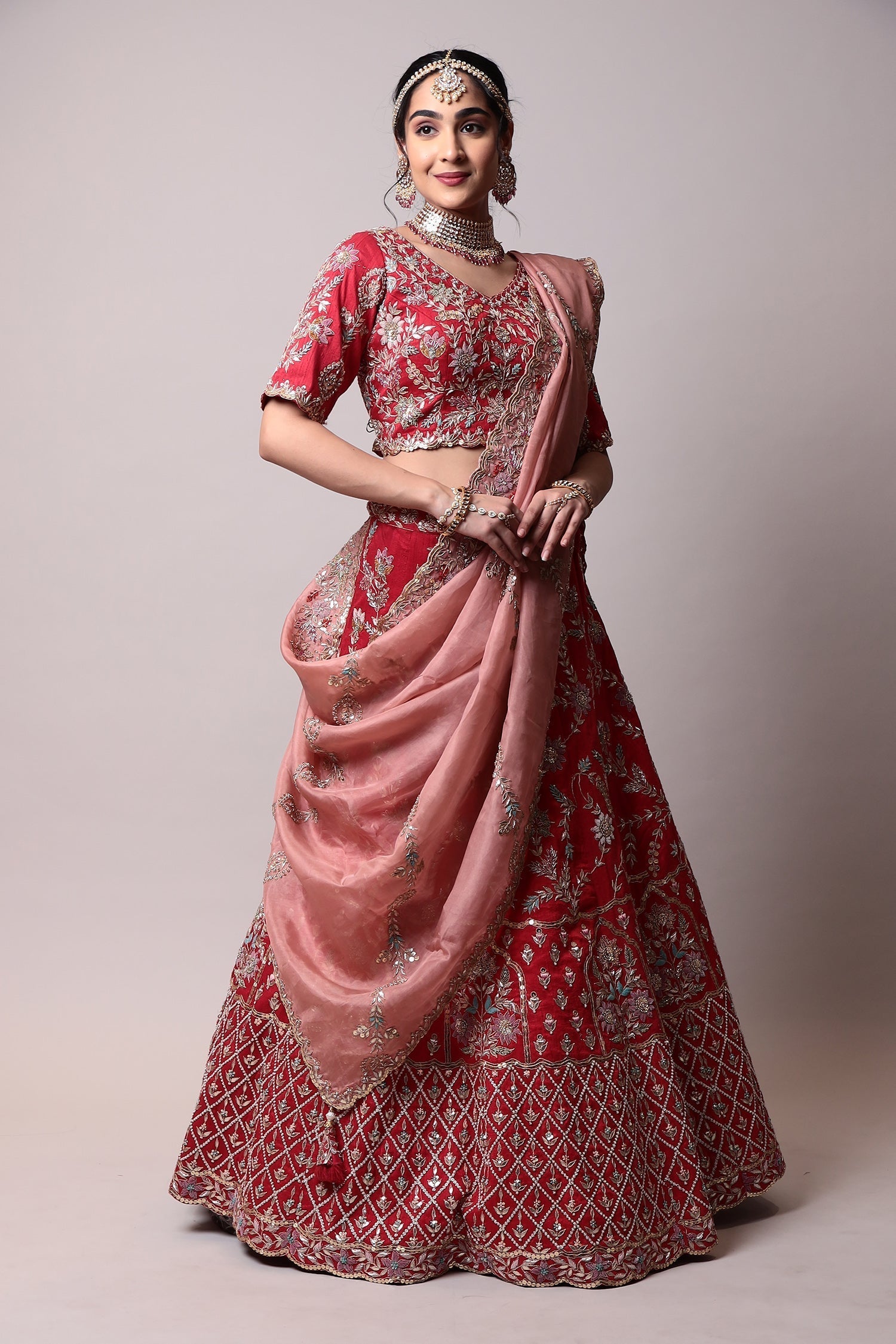 Raw silk lehenga with Thread, Zardozi work.