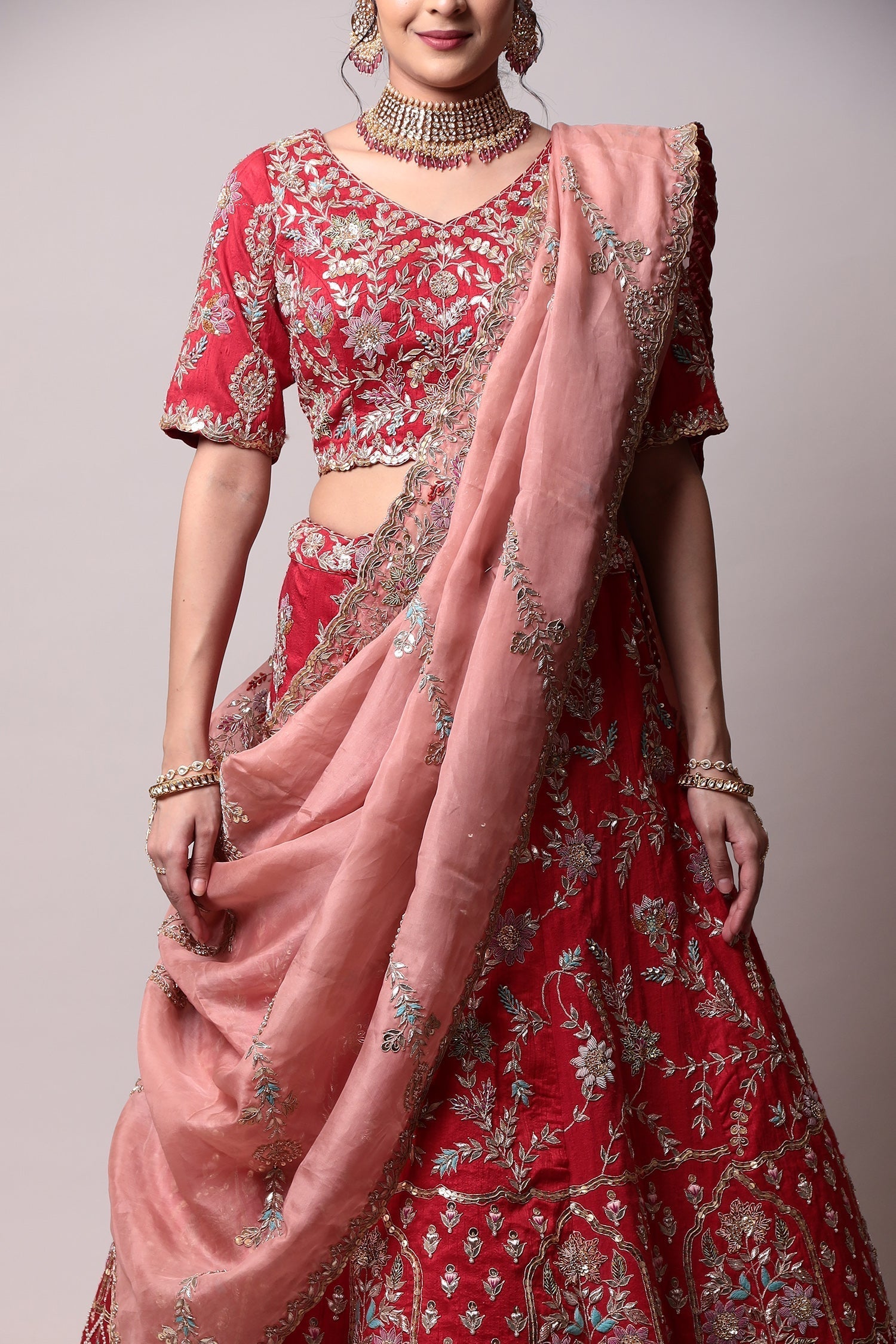 Raw silk lehenga with Thread, Zardozi work.