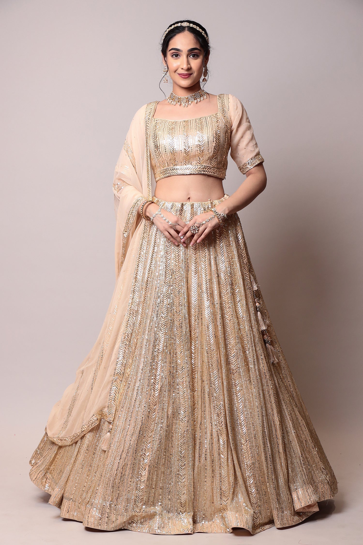 Net Lehenga with Cutdana, Sequins work.