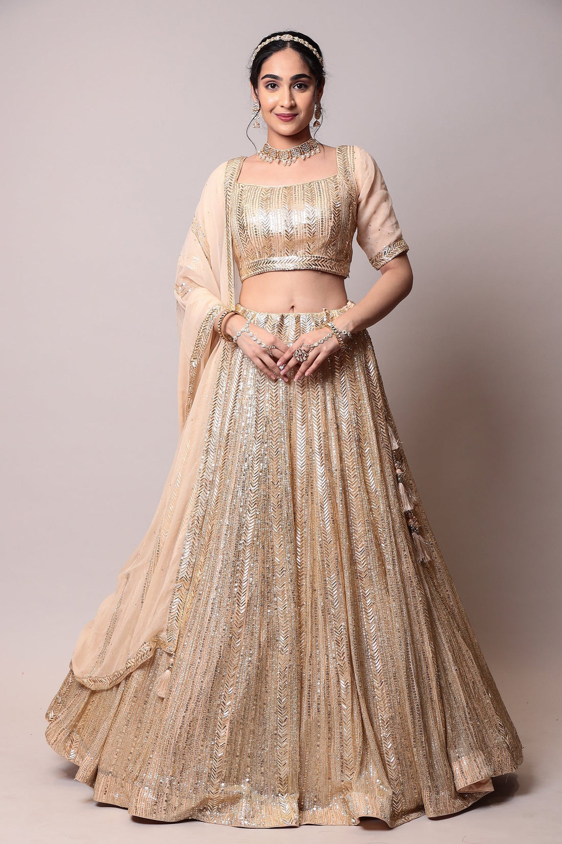 Net Lehenga with Cutdana, Sequins work.