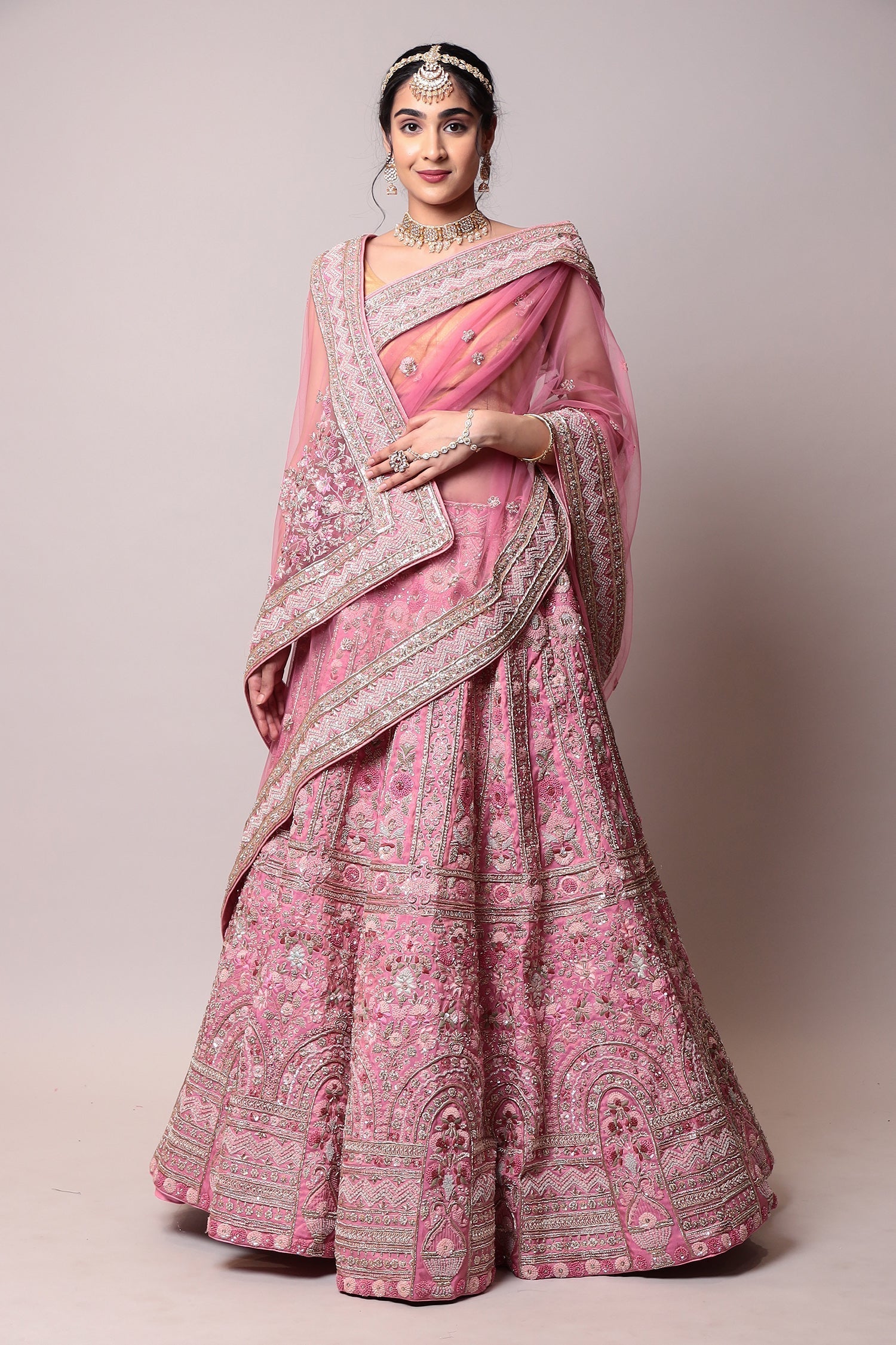 Silk Lehenga with Pearl, Thread and Zardozi work.