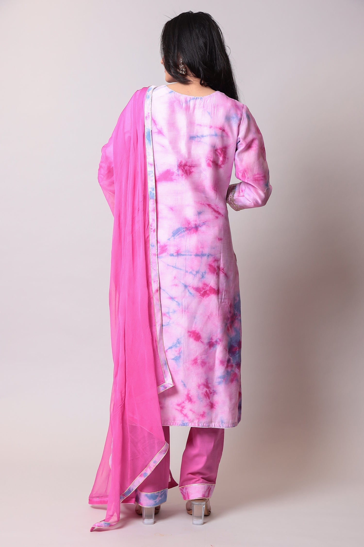 Glace Cotton Suit with Gota Patti, Tie & Dye work.