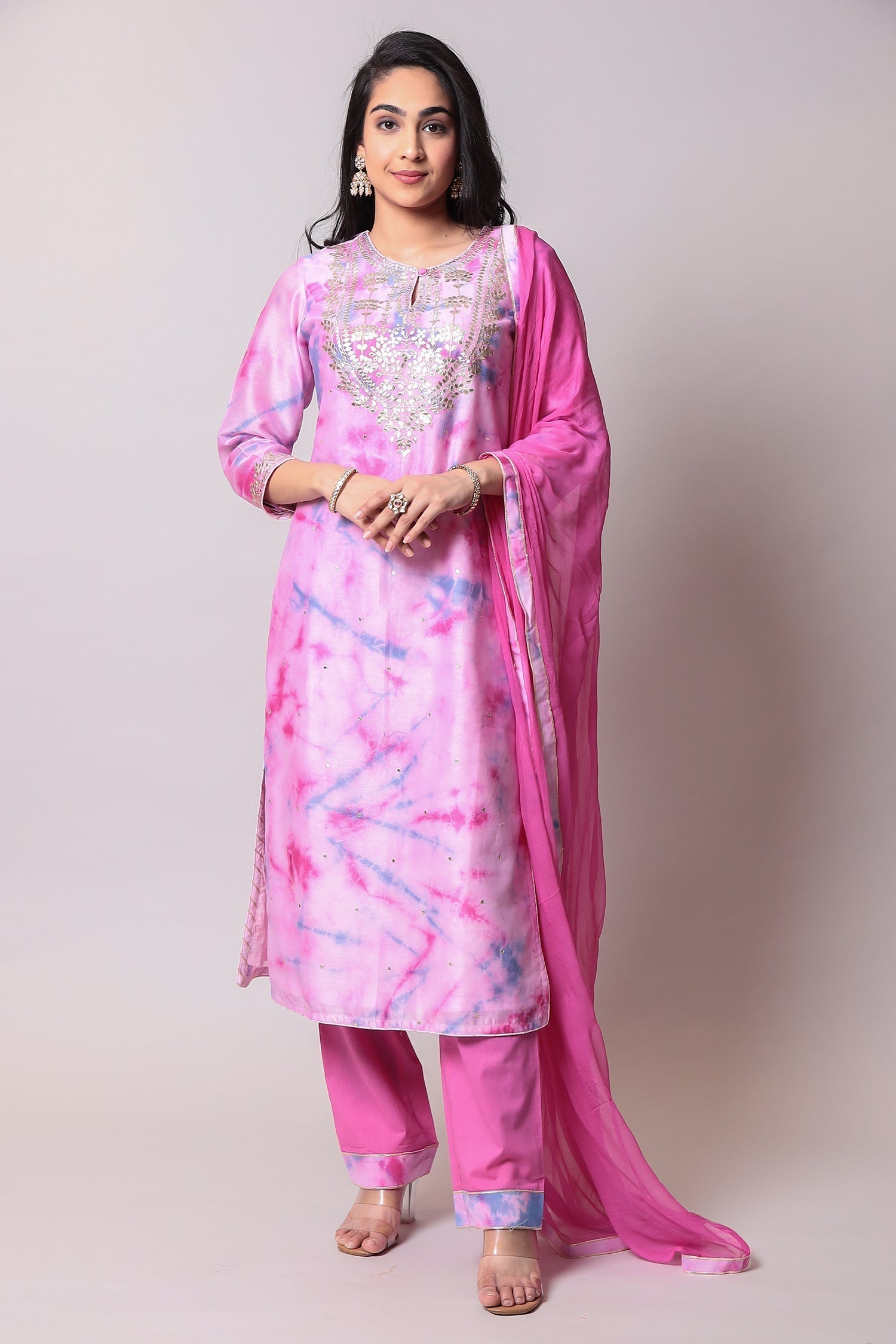 Glace Cotton Suit with Gota Patti, Tie & Dye work.