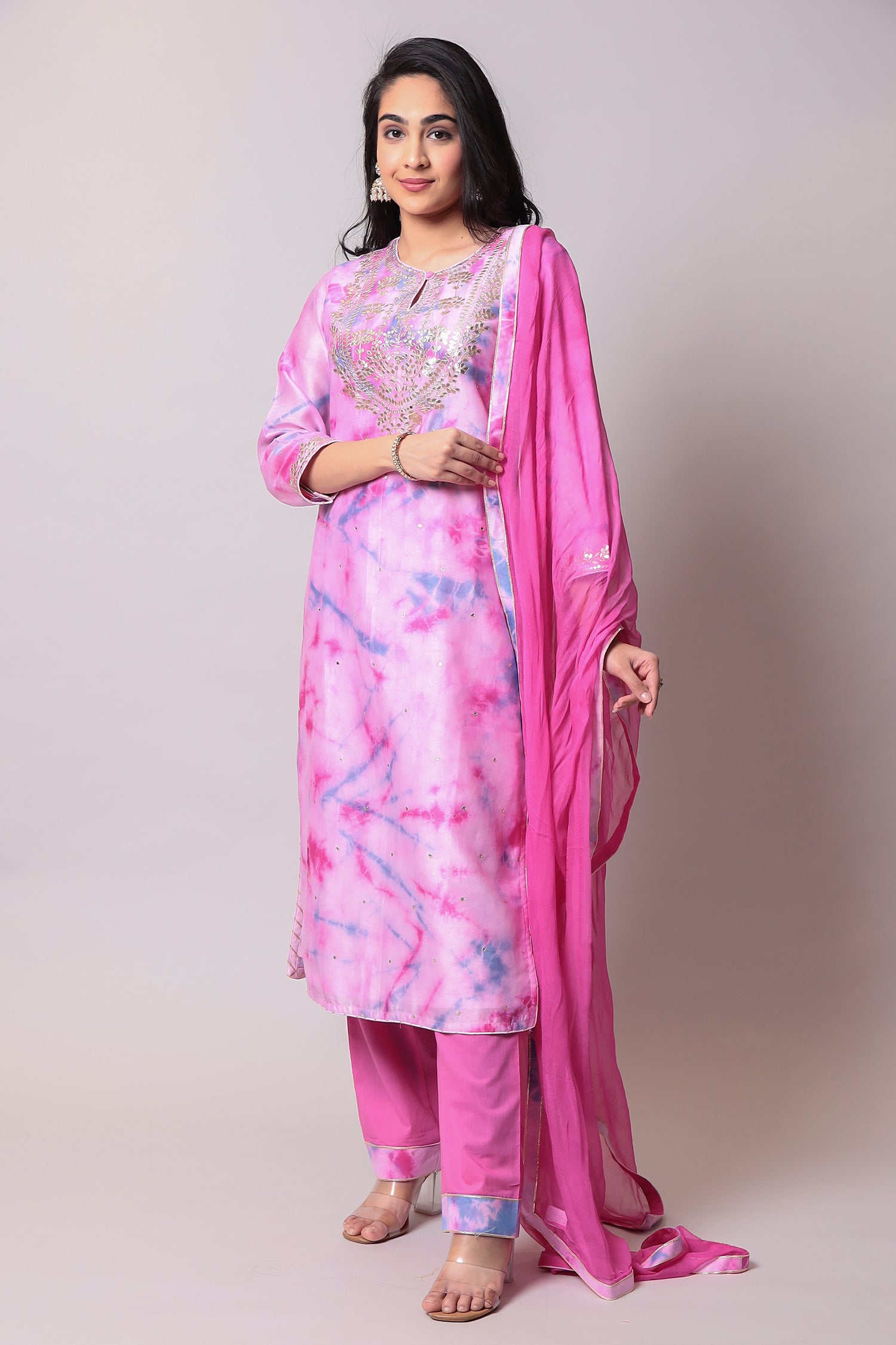 Glace Cotton Suit with Gota Patti, Tie & Dye work.