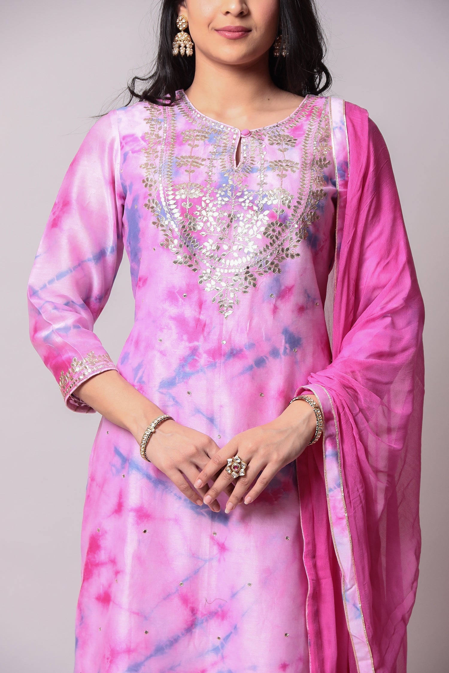 Glace Cotton Suit with Gota Patti, Tie & Dye work.