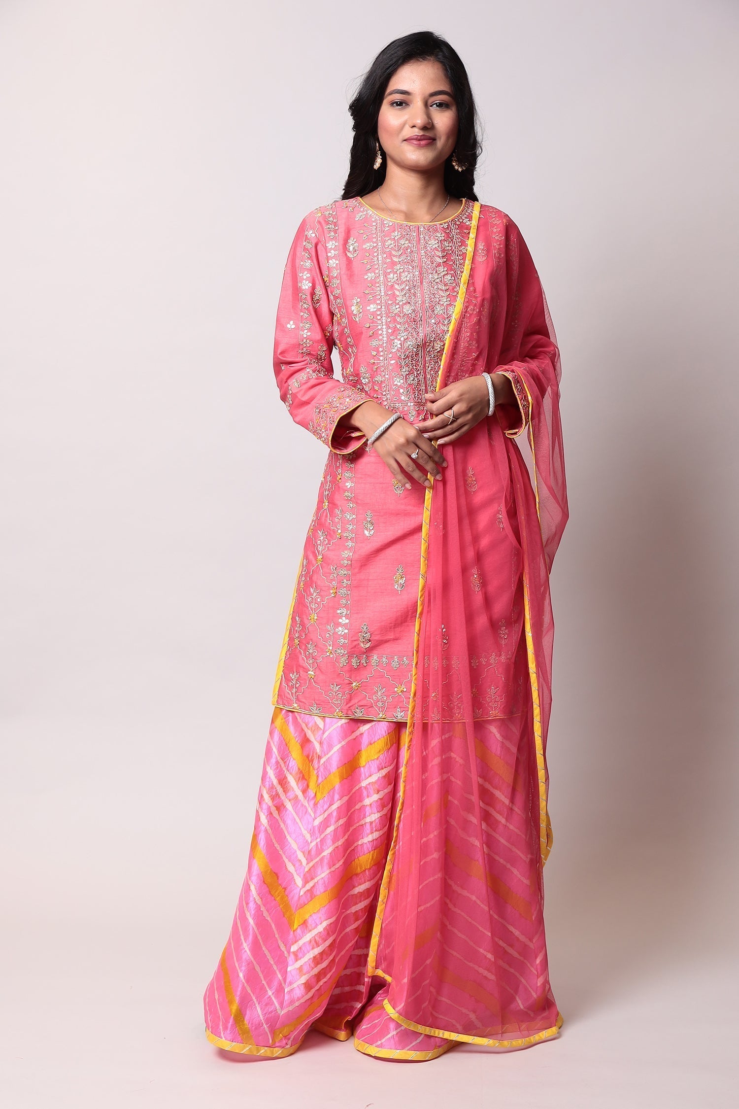 Leheriya Silk Suit with Gota Patti work.