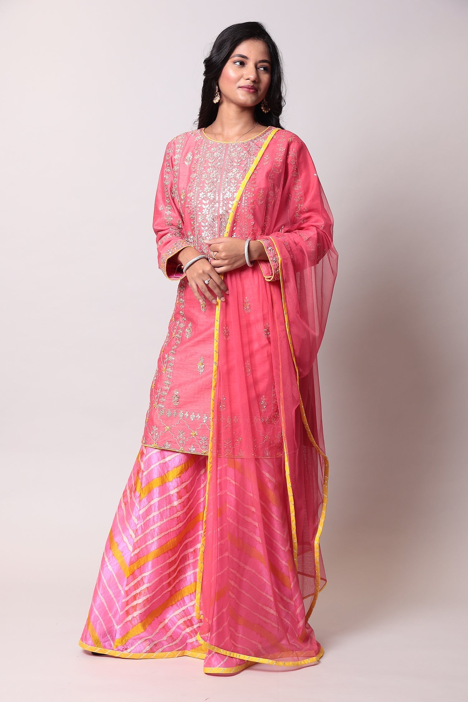 Leheriya Silk Suit with Gota Patti work.