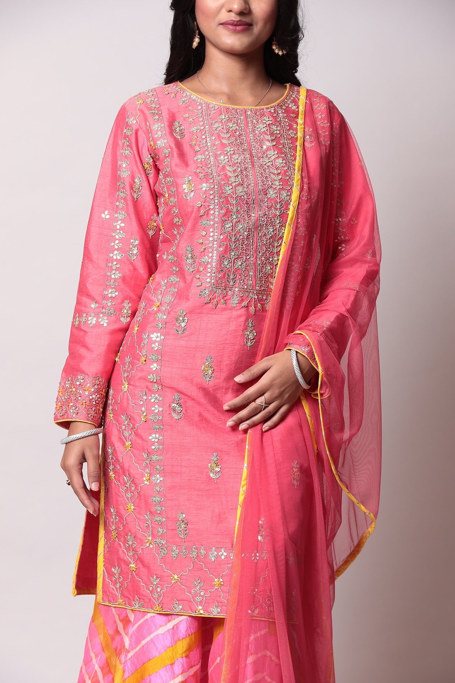 Leheriya Silk Suit with Gota Patti work.
