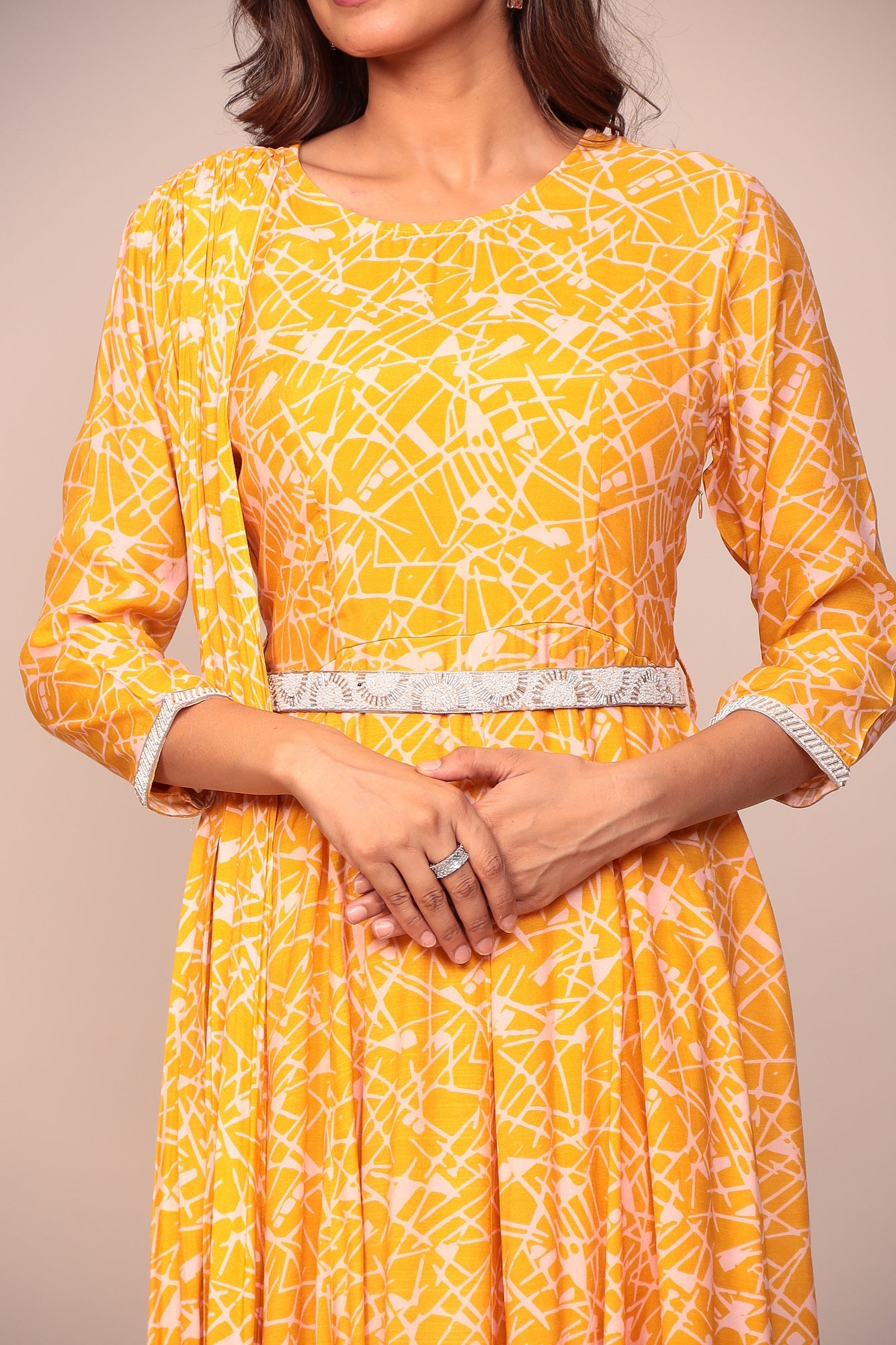 Digital Print Muslin Kurta with Cutdana, Pearl work.