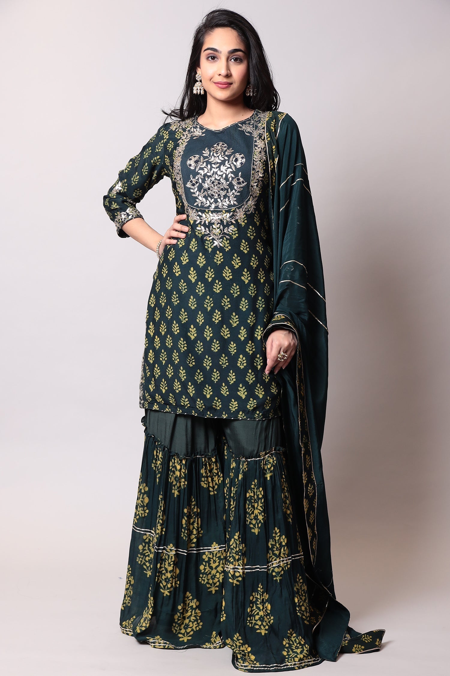 Printed Glace cotton Suit with Gota Patti work.