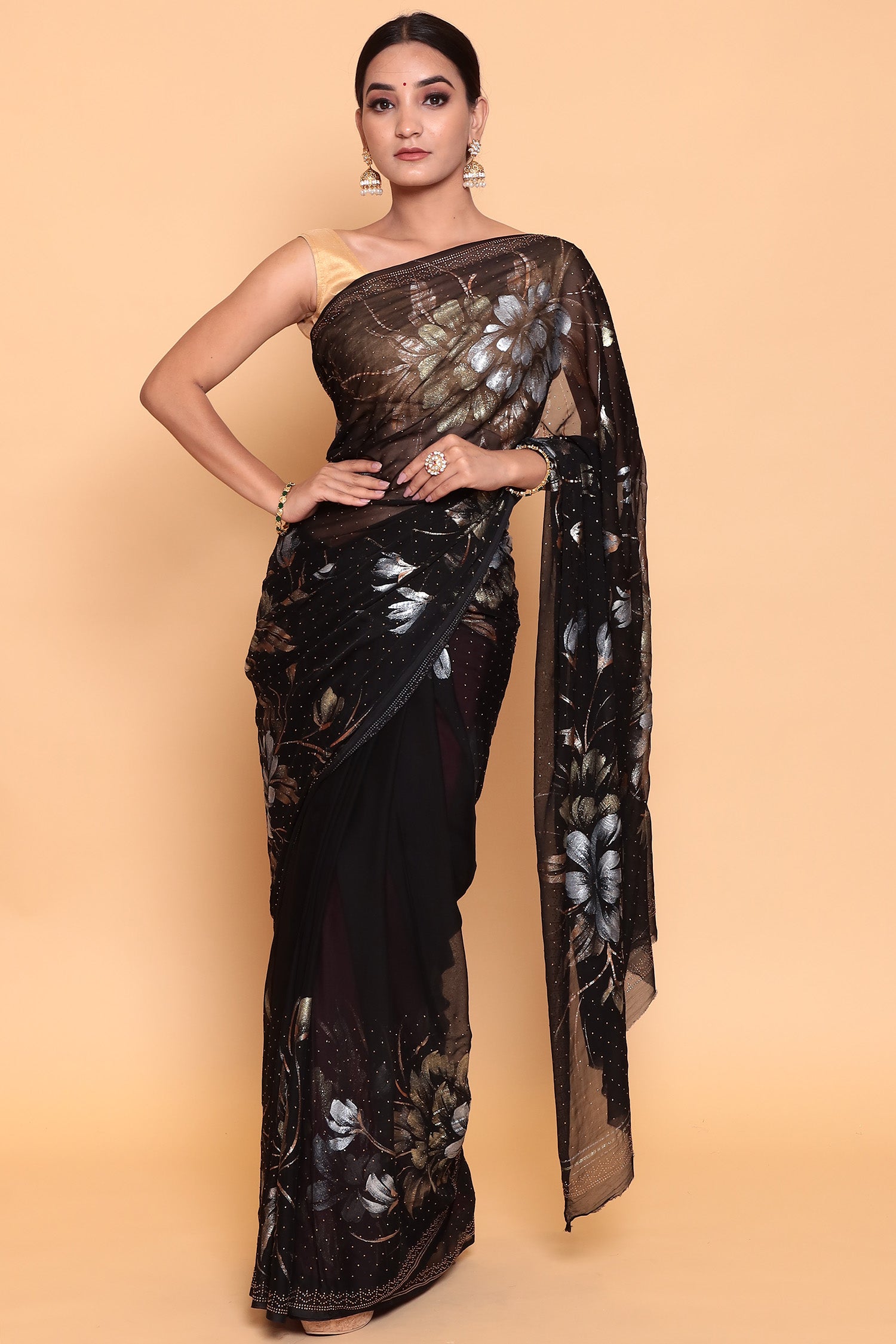 Foil print Chinon  Saree with Swarovski work