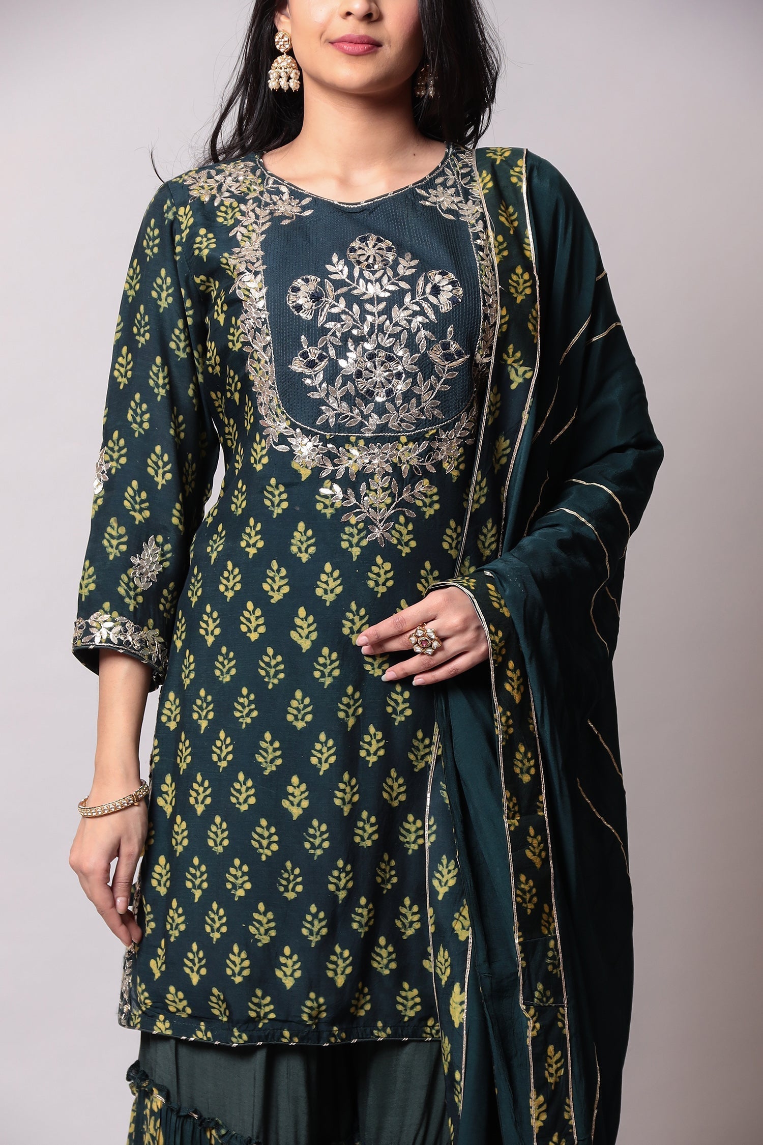 Printed Glace cotton Suit with Gota Patti work.