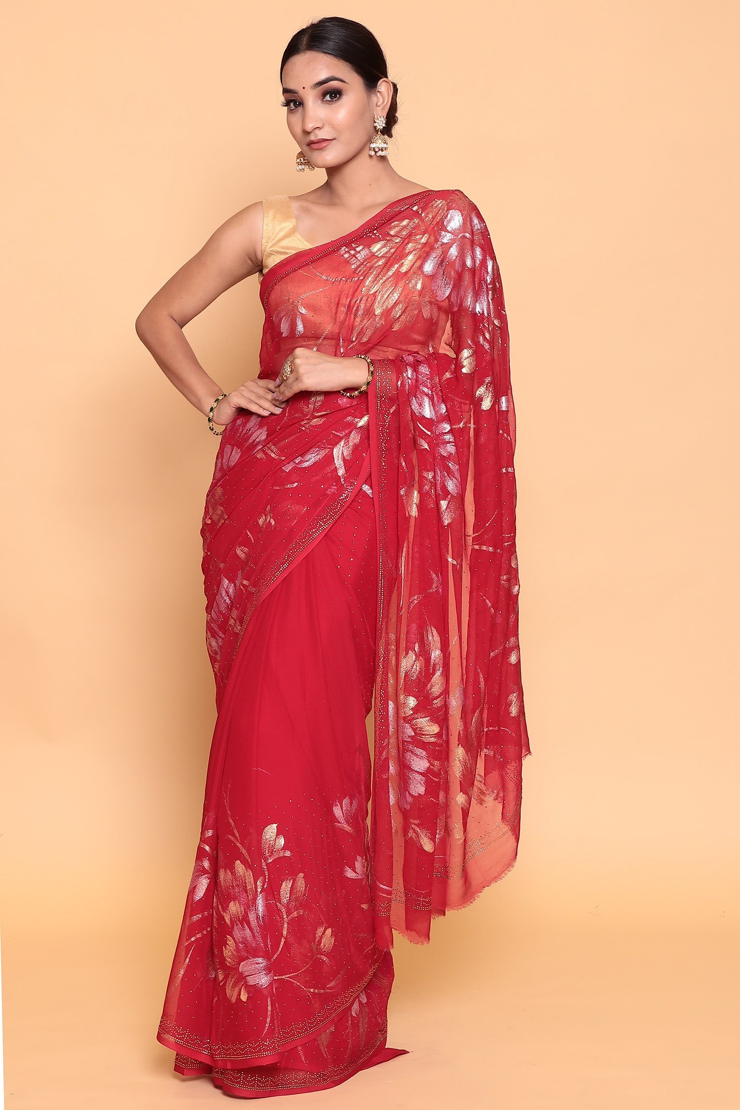 Foil print Chinon  Saree with Swarovski work