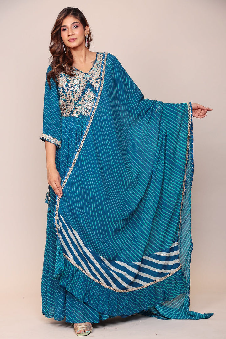 Leheriya Georgette Floor Length Suit Stitched with Gota Patti and Thread Work