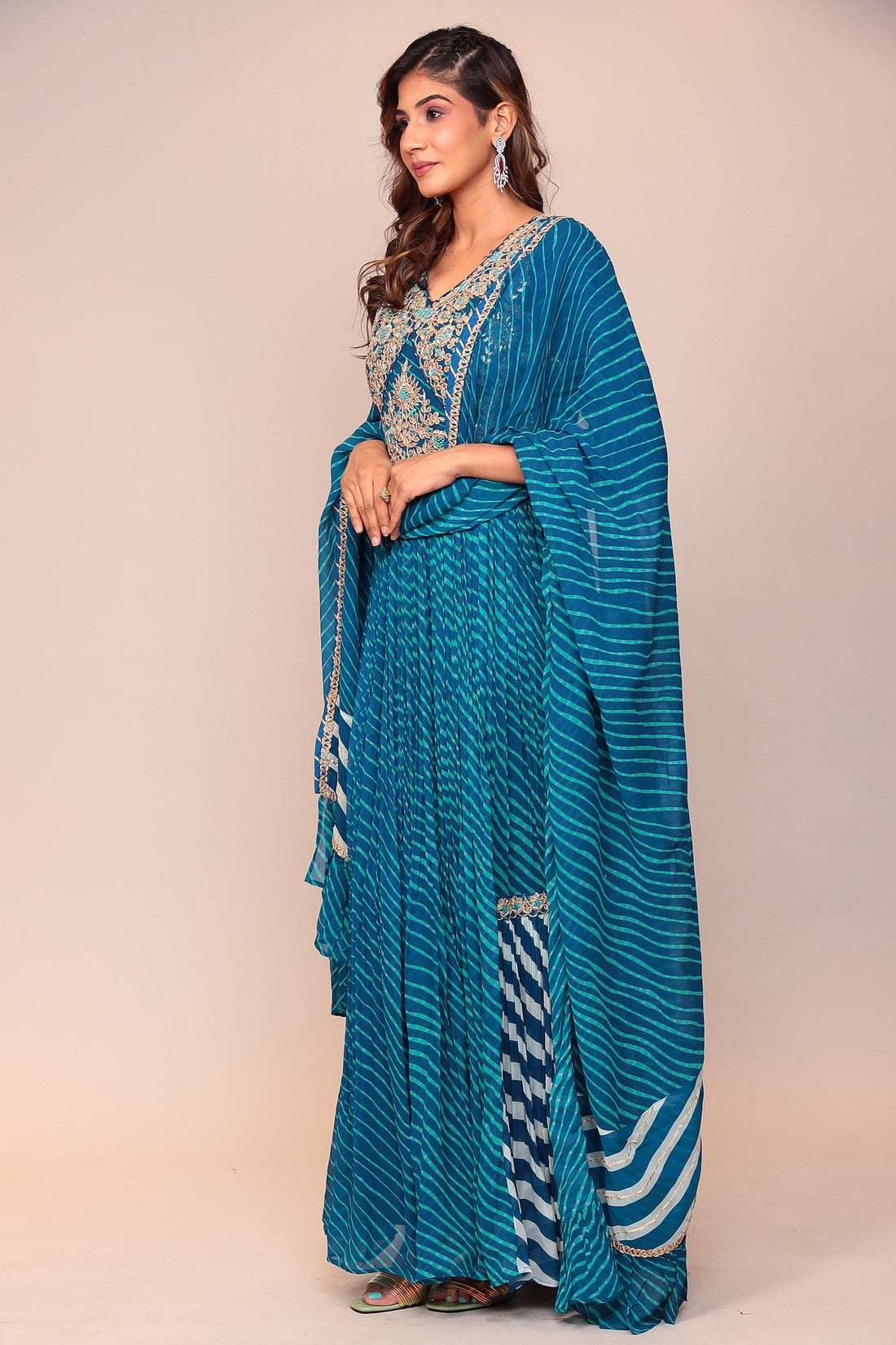 Leheriya Georgette Floor Length Suit Stitched with Gota Patti and Thread Work