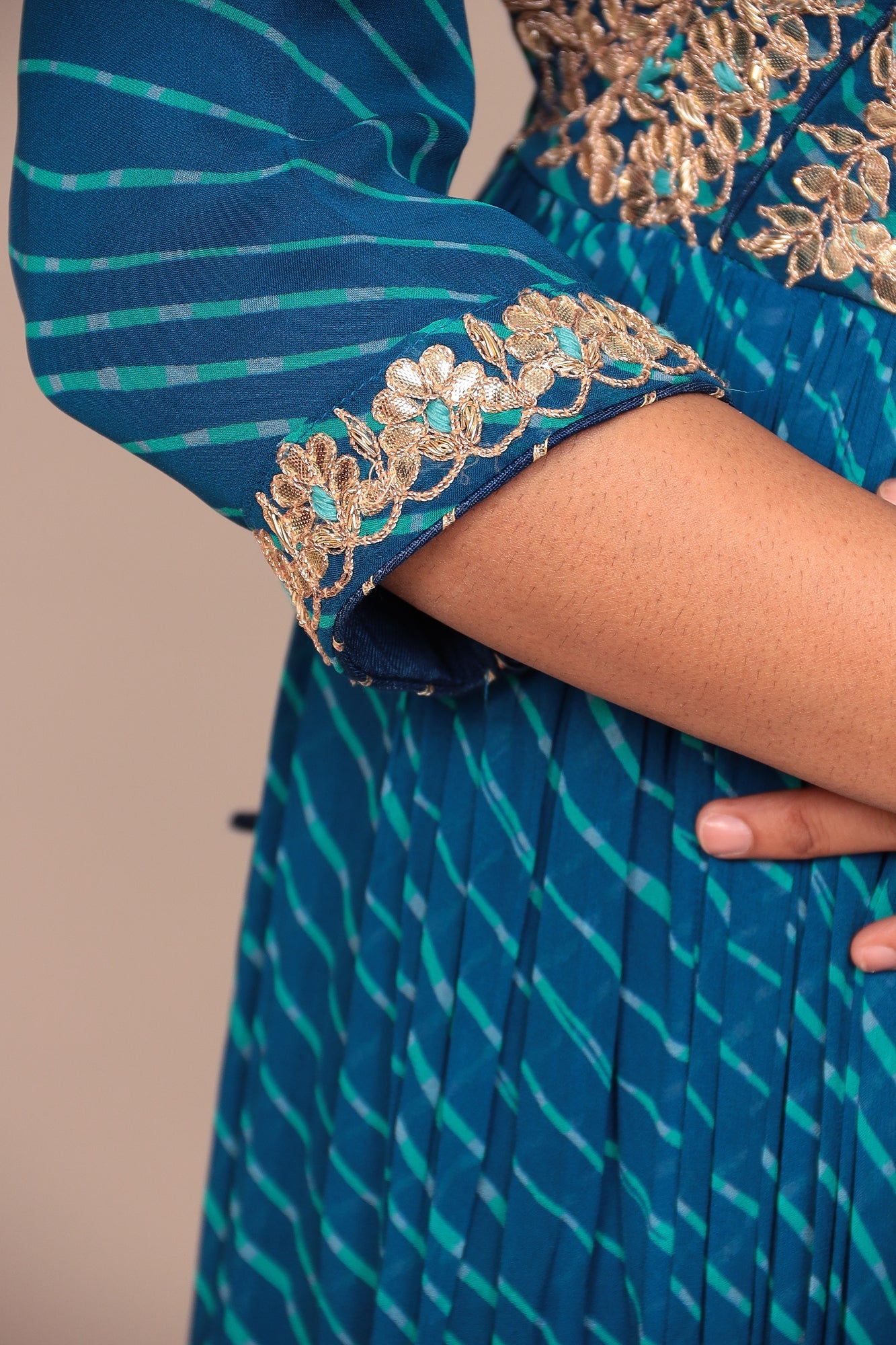 Leheriya Georgette Floor Length Suit Stitched with Gota Patti and Thread Work