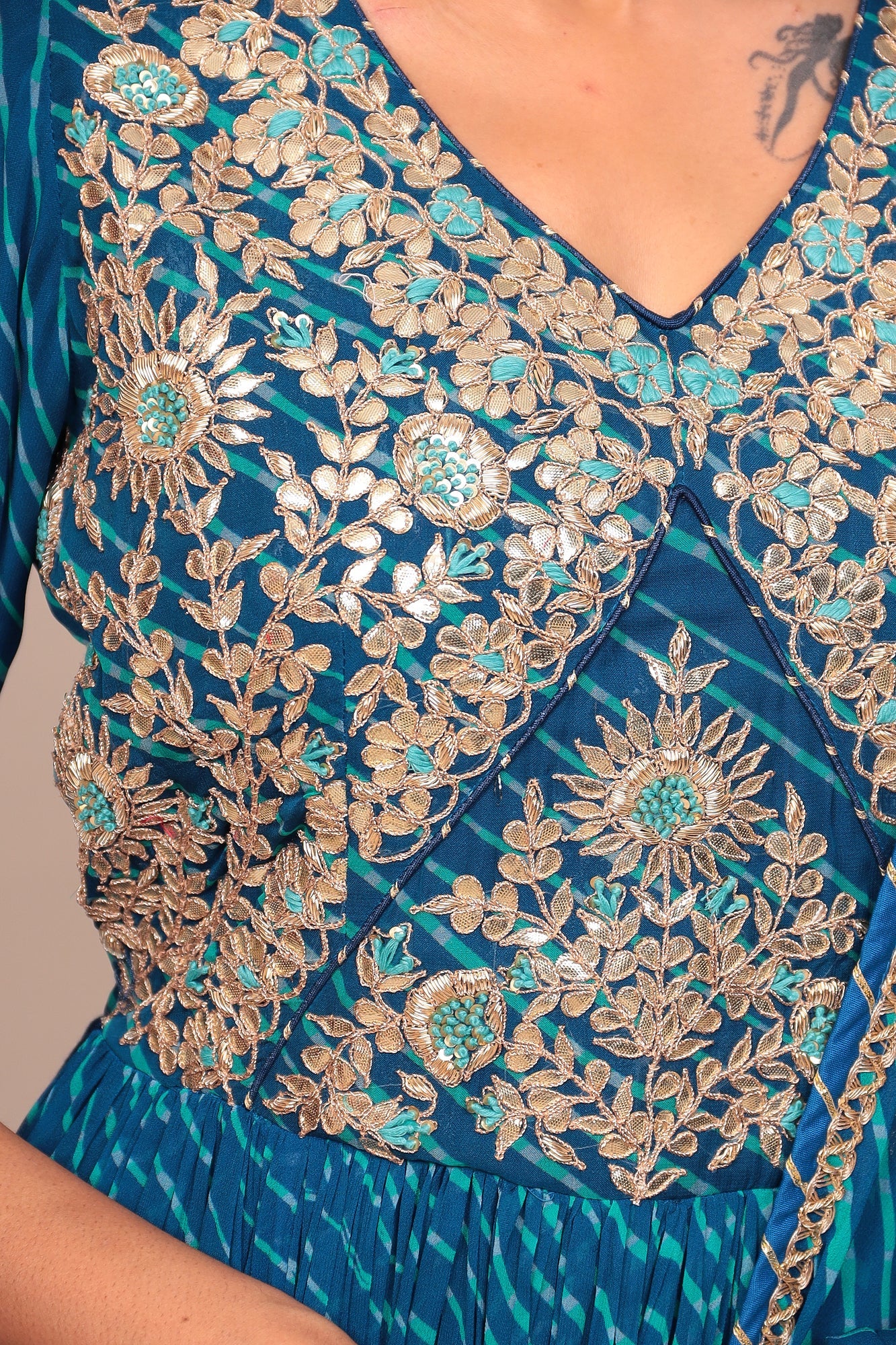 Leheriya Georgette Floor Length Suit Stitched with Gota Patti and Thread Work