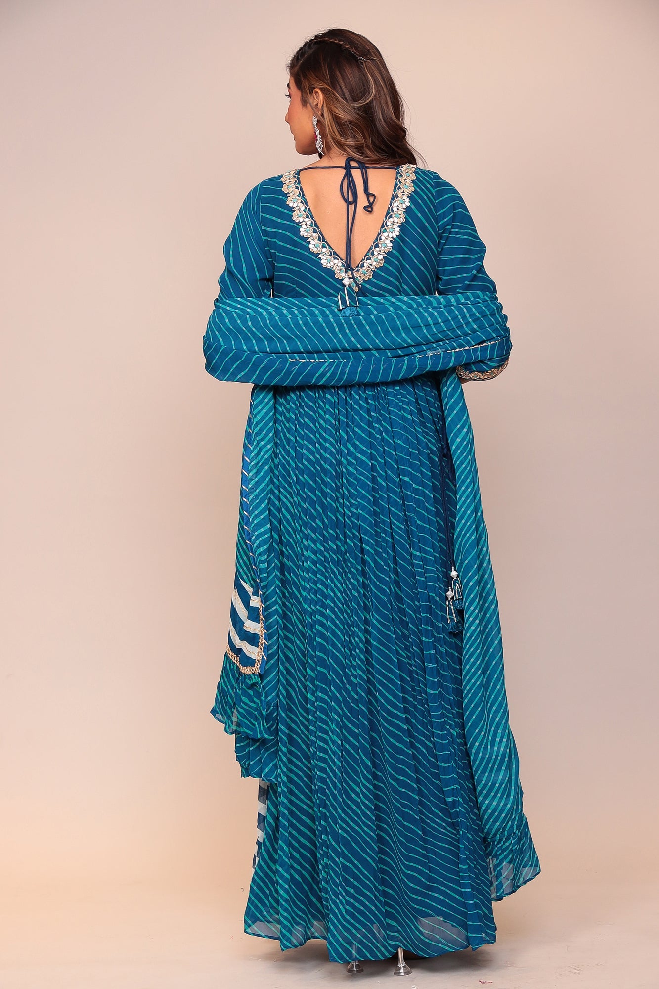 Leheriya Georgette Floor Length Suit Stitched with Gota Patti and Thread Work