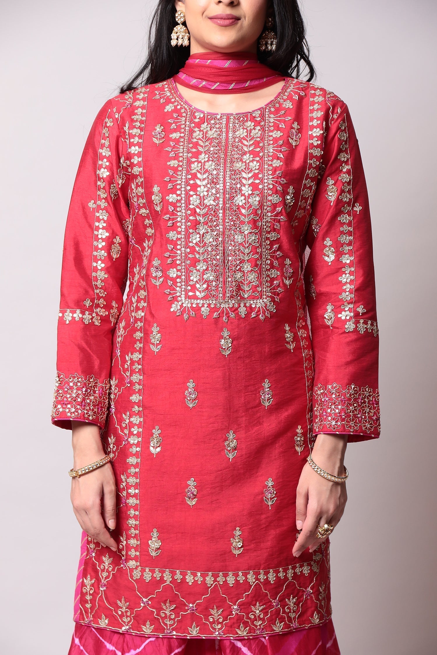 Leheriya Silk Suit with Gota Patti work.